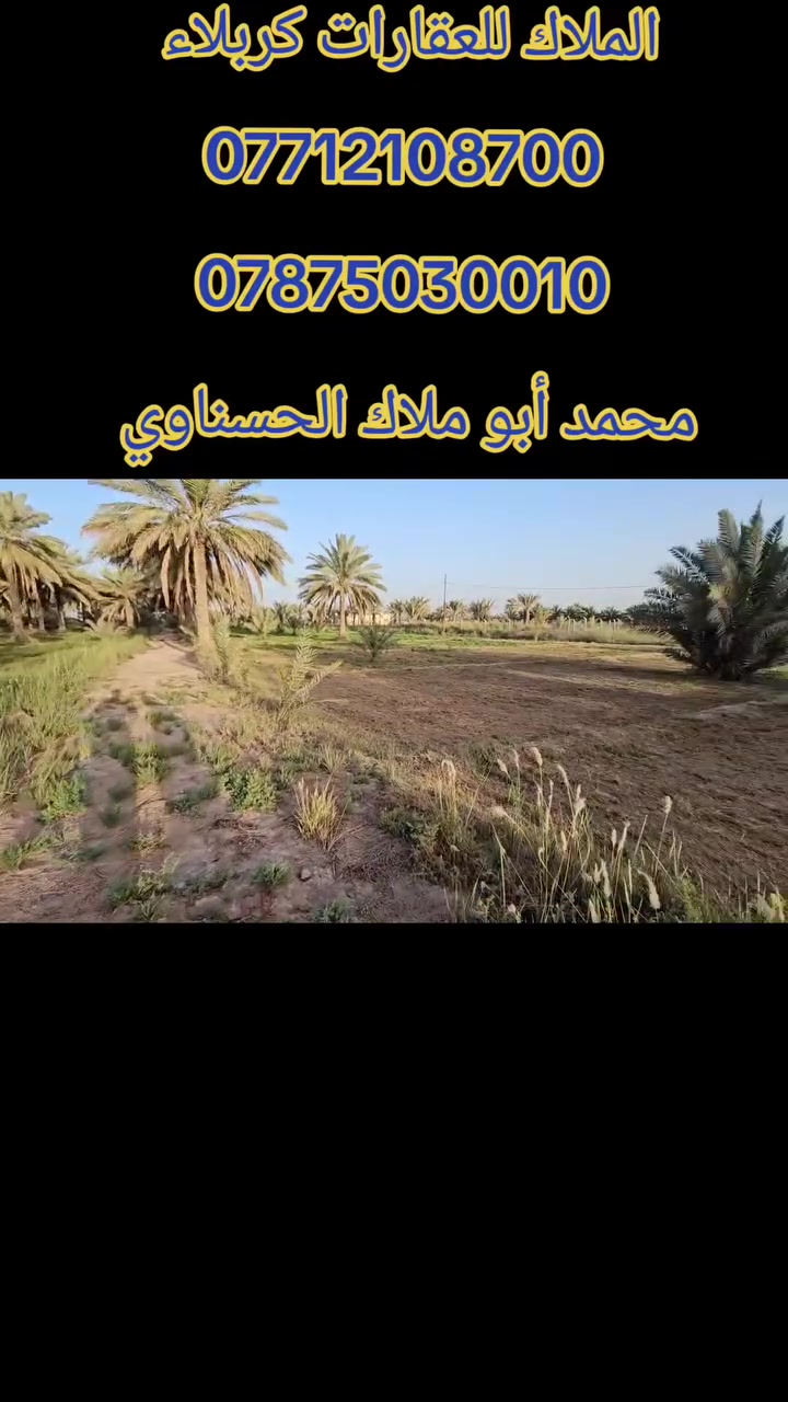 💥أهلا وسهلا بكم متابعينا الكرام 💥 
                    الملاك للعقارات كربلاء 
💥 بستان 3 دونم الواجهة 51 متر على بزل رسمي و محدد ومسيج من جميع الجهات ومزروع وفيه ما يقارب 70 نخله  وفي نهاية البستان أيضا يوجد دونم واحد يمكن بيعه تصبح 4 دونم #انت_تدلل

💢جميع الخدمات متوفرة وتصلح سكن أو منتجع ترفيهي لأن بالقرب منه منتجعات ترفيهية خاصة وأيضا سكن 
💢 جنس الأرض طابو زراعي سند 25 تحويل أسهم بأسم المشتري 
💢 العنوان// كربلاء _ منطقة الإبراهيمية _مقابيل قناة كربلاء بكيلو _ تبعد عن الإمامين عليهم السلام 10 كيلو تقريبا 

💢 النجاة في الصدق #المصداقية_عنواننا

أي إستفسار يرجى الاتصال أو المراسلة على الأرقام التالية: 
               محمد أبو ملاك الحسناوي 
☎️ ***********   ☎️***********
