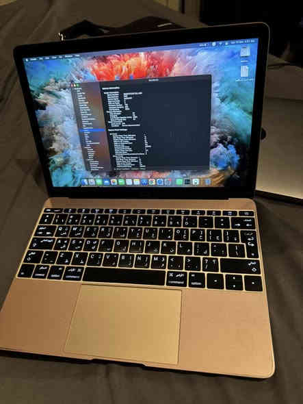 MacBook 12” Early 2016  Rose Gold 
Dual-core Intel core m3
8GB 
Intel HD graphics 515 (1536MB)
250 GB ssd
12-inch (2304x1440) Retina display 
Cycle count: 376 
Condition : Service Recommended 
 اكو نقاط بالشاشة بس ما ماثره ع الشاشة ابد  
مكاني بغداد 
***********
***********
