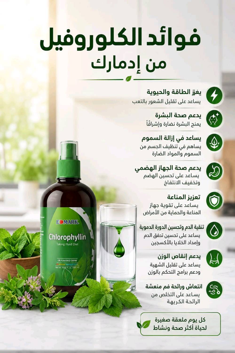 *أهم فوائد الكلوروفين من شركة إيذمار:*

يعز تنقية الجسم ويدعم طرد السموم بشكل طبيعي.  
يساهم في تقوية الدم وتحسين نضارة البشرة ولمعانها.  
يمنح طاقة ونقاء للنفس ويساعد على تقليل الروائح غير المرغوبة.  
يدعم الهضم الصحي ويعز المناعة لروتين يومي أكثر توازناً.
