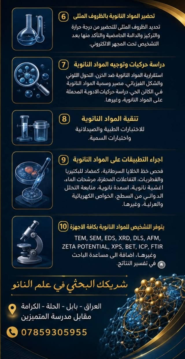 مختبر نانو للتقنيات
💥حيث تبدأ الأفكار بحجم النانو... لتصنع حلولًا بحجم المستقبل.💯
في مختبر نانو للتقنيات نؤمن بأن الابتكار الحقيقي يولد من التقاء المعرفة العلمية بالتطبيق العملي، لذلك نسعى إلى تحويل الأفكار البحثية إلى تقنيات متقدمة ومنتجات وحلول تخدم الباحثين، والجامعات، والمؤسسات، والصناعة.
نعمل على تصميم وتصنيع وتطوير المواد النانوية، وإجراء أحدث الفحوصات والتحاليل، وتقديم الاستشارات العلمية والتقنية، ودعم مشاريع البحث والابتكار وفق أعلى المعايير العلمية، مع التركيز على الجودة والدقة والموثوقية
لا نقيس النجاح بحجم الجسيمات..... 🌹
بل بحجم الأثر الذي تصنعه....🌹
نانو للتقنيات 
مختبر كيميائي استشاري 
حلة- الكرامة - مقابل مدرسة المتميزين 
***********
