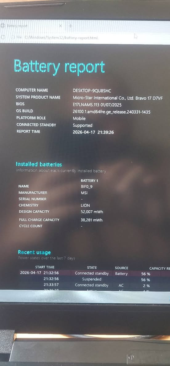MSI Bravo 17  RTX 4060
المعالج: AMD Ryzen 7 7735HS
كارت الشاشة: NVIDIA GeForce RTX 4060 (8GB)
الرام: 16GB DDR5
التخزين: 512GB NVMe SSD
الشاشة: 17.3" FHD – 144Hz
التبريد: Cooler Boost
اختبار FurMark: 128 FPS / حرارة 76°
الجهاز يعمل بكفاءة كاملة
المتعلقات:
الشاحن الأصلي 200W


**إذا كنت صاحب هذا الإعلان وتريد حذفه لأي سبب، رجاءا أرسل رسالة إلى الدعم الفني**