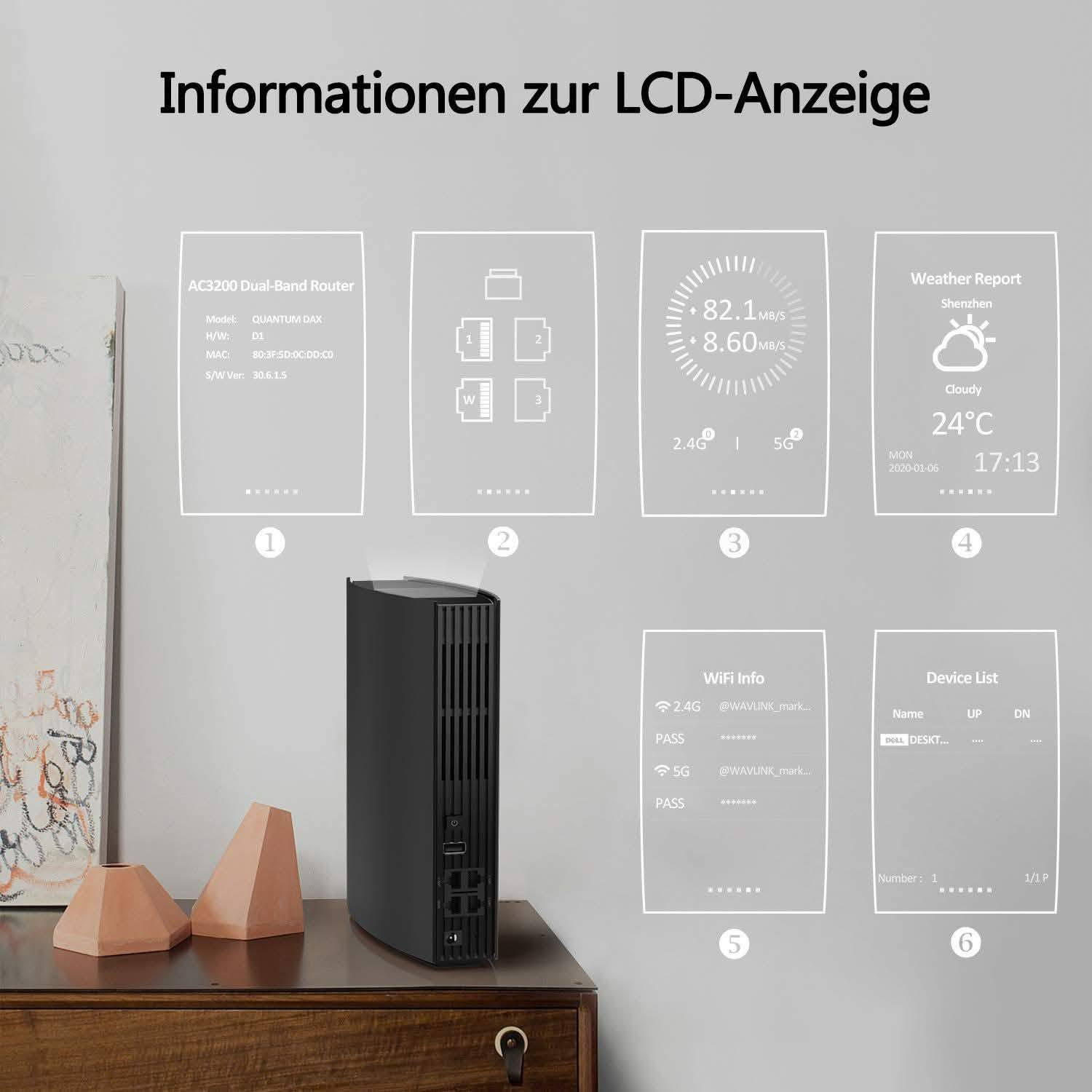 اول مره اشوف راوتر بيه شاشه 😂
جهاز Wavlink AC3200 

(المعروف باسم Quantum DAX / الموديل: WL-WN538A8) هو راوتر ذكي ثنائي النطاق يتميز بتصميم عصري من تصميم "جاكوب جينسين" وحائز على جائزة iF للتصميم.

المواصفات الفنية والسرعةالسرعة الإجمالية: 

تصل إلى 3200 ميجابت في الثانية (منقسمة إلى 2167 ميجابت على تردد 5 جيجاهرتز + 1000 ميجابت على تردد 2.4 جيجاهرتز).

المعالج والذاكرة: يعمل بمعالج برودكوم (Broadcom) ثنائي النواة بسرعة 1.4 جيجاهرتز مع ذاكرة عشوائية (RAM) بحجم 512 ميجابايت.

الهوائيات: يحتوي على 8 هوائيات داخلية بقوة 5dBi تدعم تقنية توجيه الإشارة (Beamforming).

الميزات الذكية والاتصال 

شاشة LCD مدمجة: شاشة علوية مقاس 3.5 بوصة تعمل باللمس وتستعرض حالة الشبكة، الأجهزة المتصلة، وحتى حالة الطقس المحلية.

المنافذ الخلفية: يحتوي على منفذ WAN جيجابت، و 3 منافذ LAN جيجابت للاتصال السلكي السريع، بالإضافة إلى منفذ USB 3.0 لمشاركة الملفات عبر الشبكة.

التغطية والأجهزة: يغطي مساحة تصل إلى 2500 قدم مربع (حوالي 230 متر مربع) ويتحمل اتصال ما يصل إلى 100 جهاز في نفس الوقت.

التقنيات المدعومة: يدعم تقنية MU-MIMO لإرسال البيانات لعدة أجهزة بالتوازي دون بطء، وميزات التحكم الأبوي (Parental Control)، وشبكة الضيوف المعزولة.

فقد تم تصميمه بالتعاون مع استوديو التصميم الدنماركي الشهير Jacob Jensen Design.

السعر والتفاصيل خاااص .. 
متوفر توصيل ..


**إذا كنت صاحب هذا الإعلان وتريد حذفه لأي سبب، رجاءا أرسل رسالة إلى الدعم الفني**