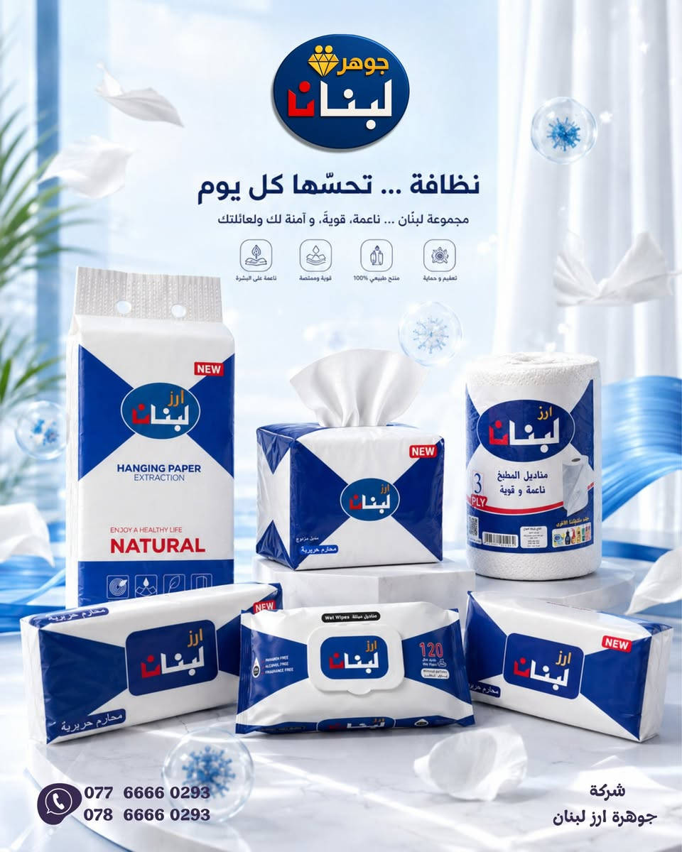 عائلة مناديل أرز لبنان 💙
نعومة، جودة، ونظافة بكل تفاصيل يومك ✨
تشكيلة متكاملة من المناديل الورقية، مناديل المطبخ، المناديل الحريرية، والمناديل المبللة، مصنوعة بعناية لتمنحك الراحة والحماية لعائلتك 🌿

✔️ نعومة فائقة على البشرة
✔️ قوة امتصاص عالية
✔️ جودة تثق بيها
✔️ مناسبة للاستخدام اليومي

أرز لبنان… نظافة تحسها كل يوم 🤍

📞 للتواصل والطلب:
‭0786 666 0293‬
‭0776 666 0293‬

#أرز_لبنان #جوهرة_لبنان #مناديل #مناديل_ورقية #مناديل_مطبخ #عناية #نظافة #الناصرية #العرا
