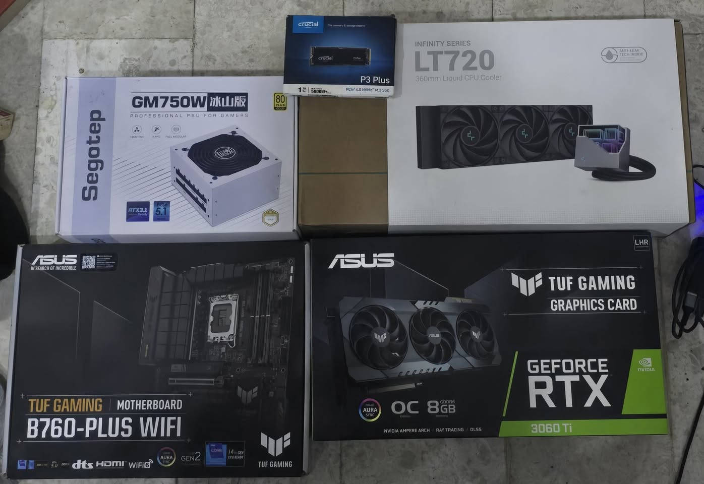 السلام عليكم 
تجميعة فقط كيس للبيع القطع كله غير مستخدم بسبب خلصت افلوس ماكدرت اشتري شاشة و ميز 
المواصفات 
CPU i5 14400f
M.B asus tuf GAMING B760 PLUS Wifi DDR5
RAM. DDR5 8×2 .16 5200MZ CORSAIR RGB
COOLER . DeeP COOL LT720
 SSD. M.2 1TB Crucial 5000MB/s
GPU . RTX 3060TiASUS TUF 3 FUN
POWER . segotep 750 w GOLD
CASES GAMING 7 FAN
Thermalright LGA 1700 BCF
السعر مليون او 480
مكاني بغداد الدورة جمعية خير لله 
تواصل ***********
 شراي تعال خاص
