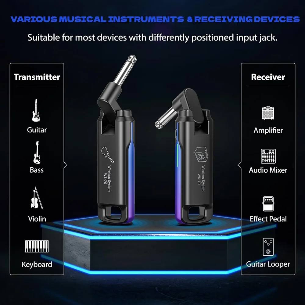 نظام جيتار لاسلكي رقمي صغير من نوع LEKATO (طراز WS-70)، وفيما يلي أبرز مواصفاته ومميزاته:
نقل لاسلكي: يعتمد تقنية UHF المتقدمة لنقل الصوت بجودة عالية. 
القنوات: يدعم العمل على 70 قناة مختلفة، مما يسمح باستخدام عدة أجهزة في نفس الوقت دون تداخل. 
البطارية: يوفر أكثر من 4.5 ساعة من وقت العمل المتواصل بشحنة واحدة.
المدى: يمتلك مسافة نقل تصل إلى 25-40 متراً. 
الاستخدام: مصمم خصيصاً للآلات الموسيقية الكهربائية التي تحتوي على مقابس صوت 6.35 ملم
*********** واتساب
