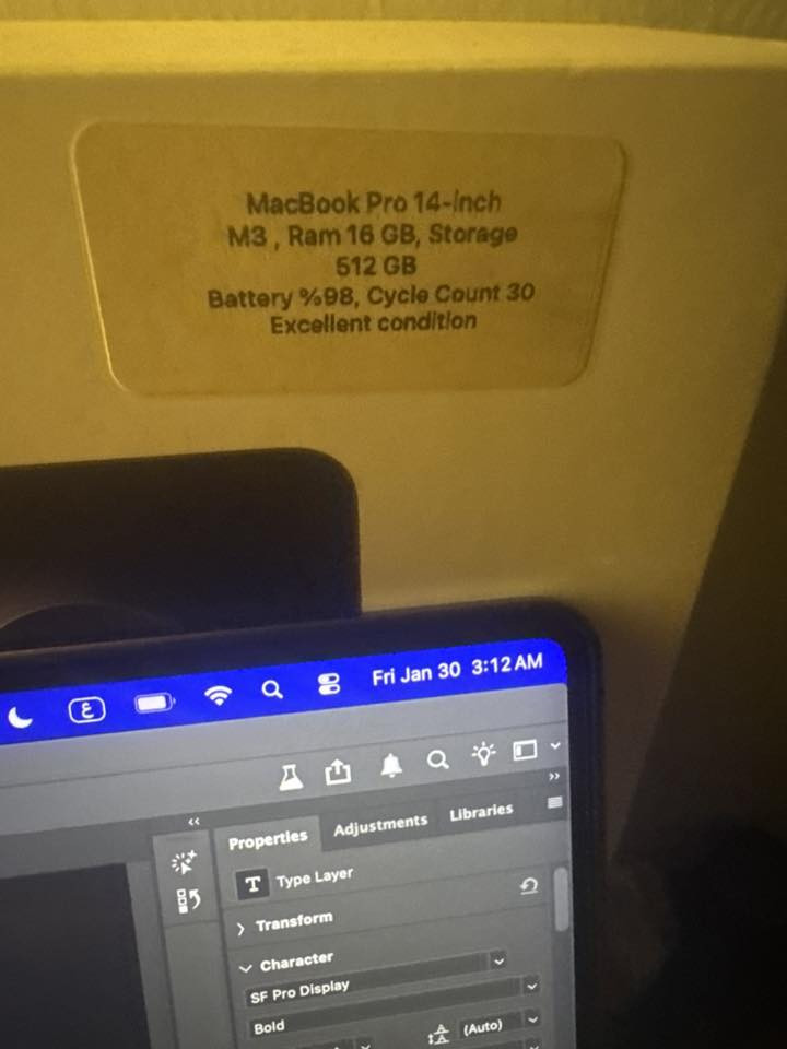 💻 MacBook Pro M3 Pro للبيع
• المعالج: Apple M3 Pro
 • الرام: 16GB
 • التخزين: 16gb
 • حجم الشاشة: 14.2 بوصة Liquid Retina XDR
 • حالة البطارية: 98%
 • الاستخدام: خفيف
 • الحالة: نظيف جداً

📍 الموقع: واسط
🚚 متوفر توصيل
💰 السعر: 2,100,000 دينار
***********
