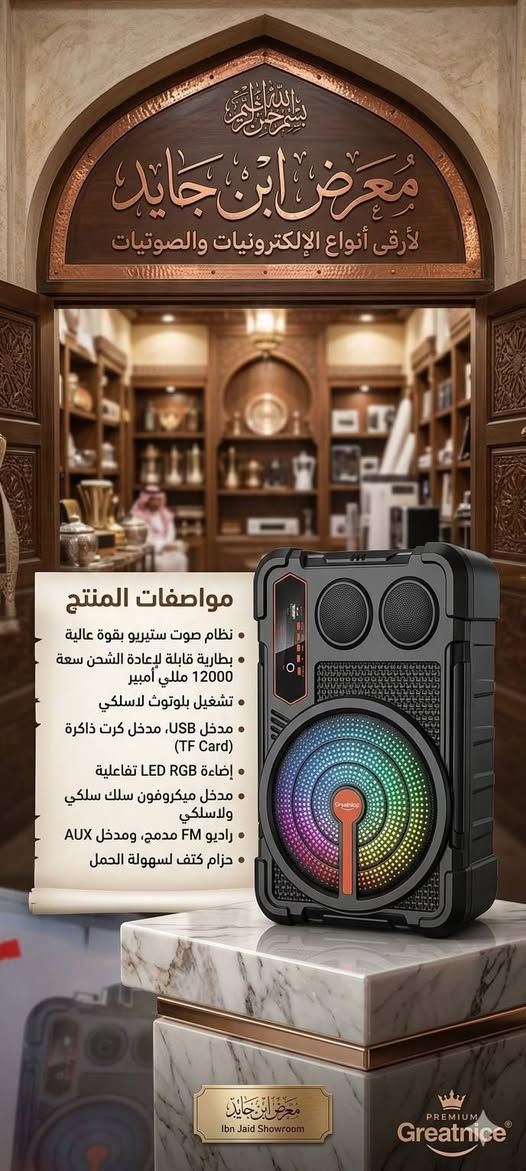 بصوتٍ يصدح بالولاء.. ارتقِ بإحياء مجالسكم مع "سبيكرات ابن جايد" الجديدة!
​هل تبحث عن الصوت النقي الذي يلامس القلوب في المجالس الحسينية؟ هل ترغب في دمج التكنولوجيا الحديثة بلمسة من الأصالة والوقار؟
​نقدم لكم أحدث إصداراتنا من السبيكرات الذكية، المصممة بعناية فائقة لتلبي احتياجاتكم في إحياء المناسبات والمجالس، بجمع يجمع بين القوة والجمال.
​مميزات تجعلها الخيار الأول لمجالسكم:
​صوت جهوري ونقي: تقنية صوتية متطورة تضمن لكم توزيعاً مثالياً للصوت، لتصل كل كلمة وقصيدة إلى أبعد نقطة بوضوح لا يُضاهى.
​إضاءة روحانية: تصميم مزود بإضاءة LED خافتة ومريحة، تضفي طابعاً هادئاً ووقوراً على المكان، ينسجم مع الأجواء الحسينية.
​اتصال لاسلكي (بلوتوث): ودّع الأسلاك المتشابكة! تمتع بحرية كاملة في ربط هاتفك أو جهازك وتشغيل المحتوى الصوتي بضغطة زر.
​نظام راديو متطور: لا تفوت برامجك المفضلة أو البث المباشر للمناسبات الدينية، مع لاقط إشارة قوي وثابت.
​لاقط صوت (مايكروفون) احترافي: أداء صوتي متميز لمن يلقي القصائد أو الخطب، مع خاصية عزل الضجيج لضمان وصول الصوت بصفاء تام.
​تصميم "ابن جايد": جودة في التصنيع ومتانة في الأداء، مع لمسة تصميمية تليق ببيوتكم ومجالسكم.
#معرض #ابن #جايد  
موقع مزارع اليرموك مقابل مول بوابة الغدير 
الهاتف ***********
