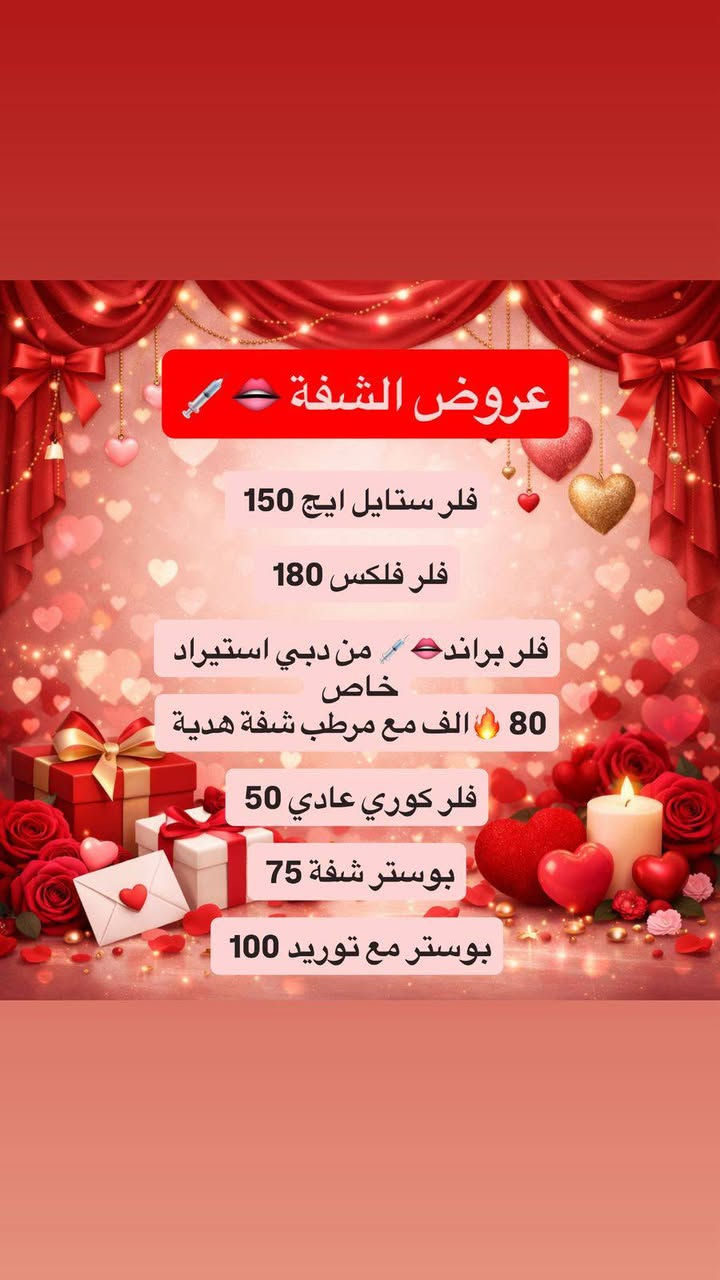 ♥️عيد الحب♥️ ويانه غير (لكل جميلات بغداد) هالعيد دللي نفسج بهدية جمال مميزة🎁
عروض الحقن والفلر الخاصة بعيد الحب
العرض لمدة محدودة ،لا تفوتي الفرصه
العنوان :عيادات خبراء الطب التخصصي /مقابل كراج الاسدي.               ***********📞
#تجميل ـ بغداد#فلر#حقن ـ تجميلية - #جمال - طبيعي#عيد الحب  # عروض #ستايل- عراقي
 للاستفسار و الحجز⏪Haneen Alazzawy
