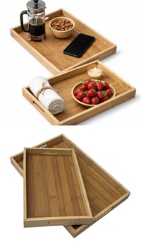 صواني تقديم • خيزران طبيعي • قطعتين」「٣٤×٢٢×٣ سم」「٢٩×١٧×٣ سم」「البصرة