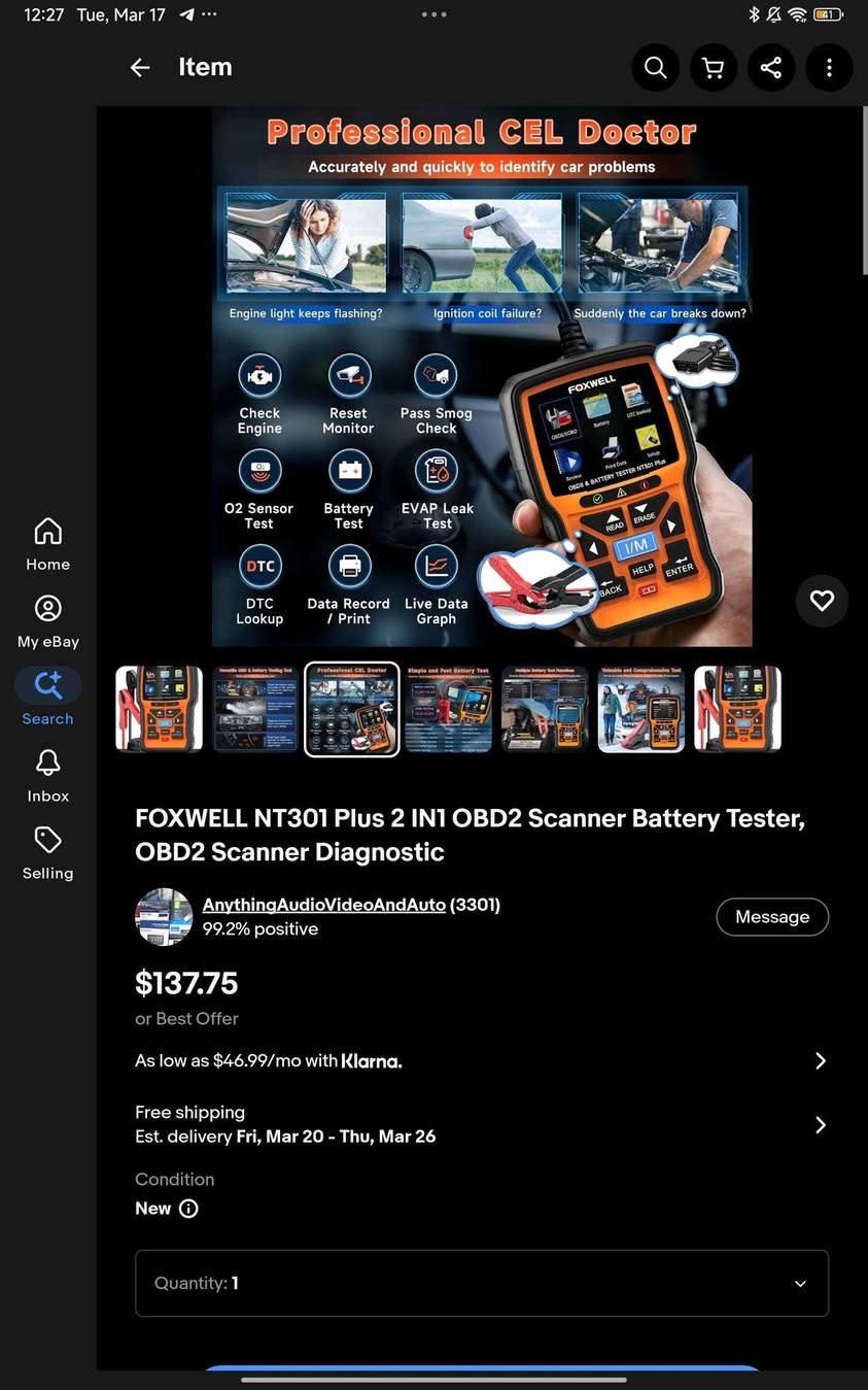 سلام عليكم جهاز FOXWELL الاصلي
للبيع جهاز جديد مع الحقيبة والكارتونة
الوظائف 
1_فحص اعطال المحرك لجميع انواع السيارات 
2_يحتوي على (Live Data) البينات الحية المحرك 
3_فحص حالة البطارية ومعرفة قوتها
4_شاشة ملونة سهلة الاستخدام
5_يعمل مباشرة من منفذ OBD2 بدون بطارية.

والسعر 60,000 وبي مجال 
ويوجد توصيل لجميع المحافظات


**إذا كنت صاحب هذا الإعلان وتريد حذفه لأي سبب، رجاءا أرسل رسالة إلى الدعم الفني**