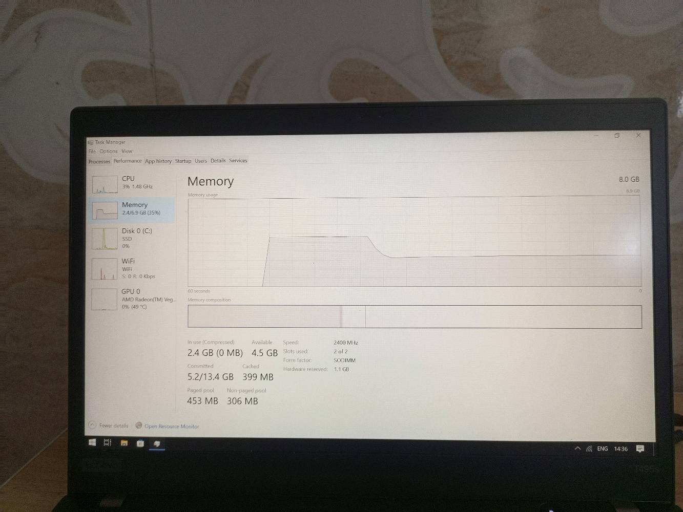لابتوب lenovo thinkpad T495s
مواصفات:
Ryzen 5 3600u 

Vega 8 1gb vram وتكدر 2gb 

Ram ddr4 8gb 2400MHz

Screen 14 inch 60hz 
Windows 10 pro مفعل
سعر400الف
عنواني كربلاء ماكو توصيل 
تلفوني ***********