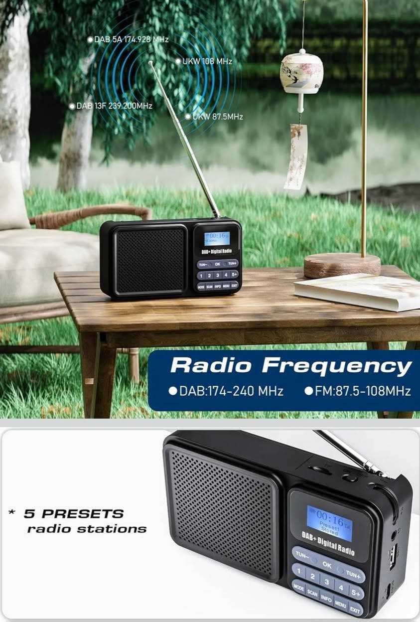 راديو صغير محمول صوت جدآ عالي شحن تايب سي مع شحن طاقة شمسية  بطارية كبيرة 2200ma تدوم 12 ساعة متواصلة الراديو يعمل بتقنية البلوتوث وال DAB  ومدخل بطاقة ذاكرة RAM  ومدخل  فلاش USB  سماعة خارجية ومخرج سماعة هتفون شاشة رقمية بحث رقمي حفظ تلقائي للقنوات  سحب قنوات ممتاز جدآ .


**إذا كنت صاحب هذا الإعلان وتريد حذفه لأي سبب، رجاءا أرسل رسالة إلى الدعم الفني**