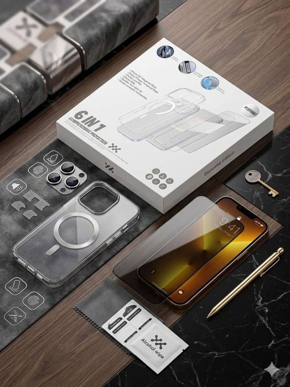 توفر لدينا بكج حمايه 6in1 يحتوي على 
لاصق مضلل مع لاصق hd 
لاصق كامره مع فلتر سماعه حديد اصلي 
درع شفاف ماك سيف كوالتي جدا عالي

X max 
11
11 pro max 
12
12 pro max 
13
13 pro 
13 pro max 
14 pro max 
15 pro max 
16 pro max 
17 pro max 

S 23 ultra 
S 24 ultra 
S 25 ultra


**إذا كنت صاحب هذا الإعلان وتريد حذفه لأي سبب، رجاءا أرسل رسالة إلى الدعم الفني**