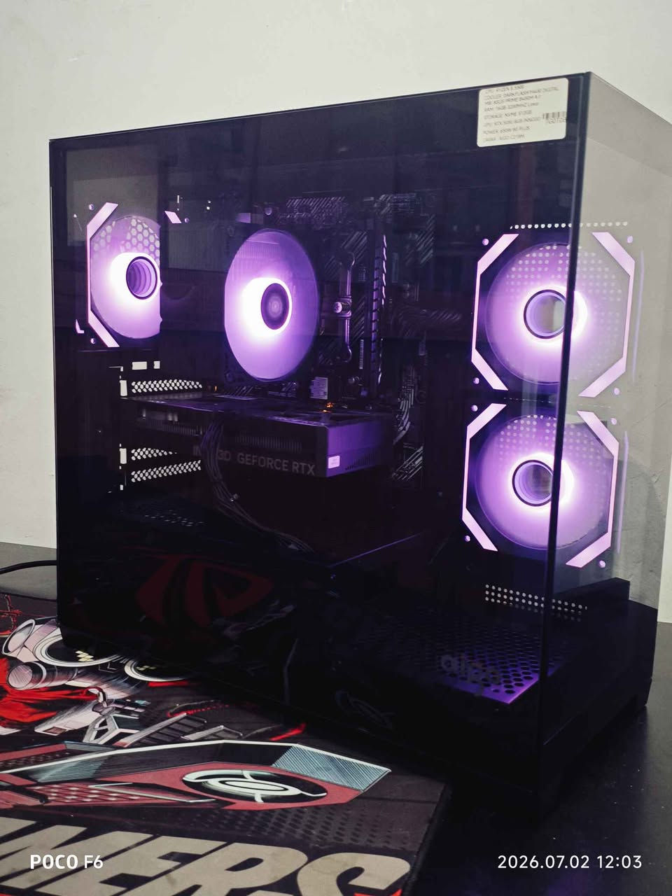 CPU:RYZEN 5 5500
COOLER: DARKFLASH M400 DIGITAL
MB: ASUS PRIME B450MAII
RAM: 16GB 3200MHZLexar
STORAGE: NVME 512GB
GPU: RTX 5050 8GB INNO3D
POWER: 650W 80 PLUS AIGO
CAVAR: AIGO C218M
PRICE: 700$
هەولیر سولتان مزەفەر 
*********** أربيل, العراق

