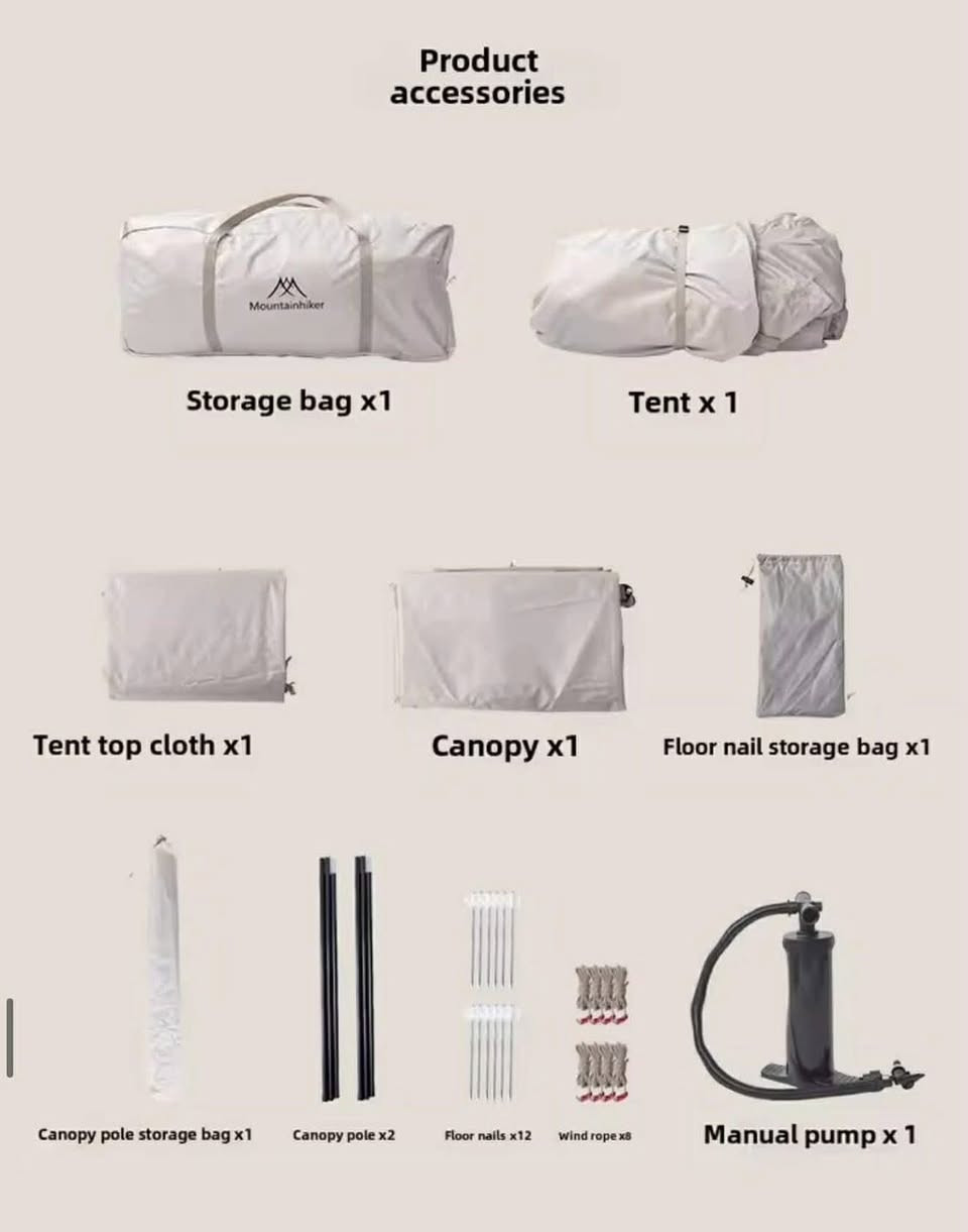 خيمة ماركة  Mountainhiker  Air 5.7  مونتن هايكر وهي خيمة قابلة للنفخ مصممة للتخييم الخارجي وتتميز بسهولة التركيب والمظهر العصري.
نوع الخيمة: خيمة قابلة للنفخ تعتمد على أعمدة هوائية بدلاً من الأعمدة التقليدية، مما يجعل نصبها سريعاً وسهلاً في غضون 5 إلى 10 دقائق.
المواد: مصنوعة من قماش أكسفورد 210D عالي الكثافة مع طبقة طلاء فضية، مما يوفر حماية من الأشعة فوق البنفسجية ومقاومة للماء.
الأبعاد والوزن: تبلغ أبعادها تقريباً 260 × 220 × 180 سم، ويزن الطقم بالكامل حوالي 10.58 كيلو غرام مما يسهل نقلها.
الإضافات: تأتي مع مظلة (Tarp) واسعة يمكن توصيلها بالخيمة لتوفير مساحة تظليل إضافية تزيد عن 10 أمتار مربعة، بالإضافة إلى ملحقات مثل منفاخ الهواء اليدوي.
تواصل خاص او *********** واتساب
