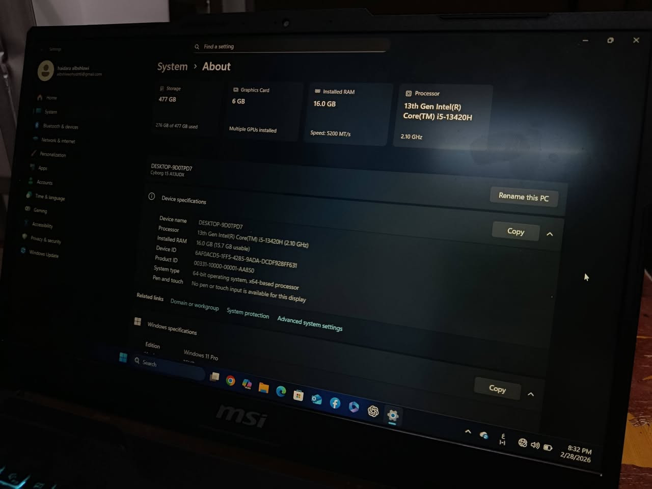لابتوب MSI cyborg 15 a13u
cor i5 جيل 13H
كرت شاشة RTX 3050
فول كيبورد 
اضاءة كيبورد
لابتوب جيمينغ كلش قوي
بوبجي 120 فريم ويشغل كل برامج التصميم والبرمجة دون اي مشاكل
استعمال 3 اشهر
بطارية 4 ساعات 
كامل الملحقات مع الكارتون 
تواجد كركوك تواصل واتساب
***********
بيع او مراوسة على ١٦ برو ماكس او ١٥ برو ماكس
