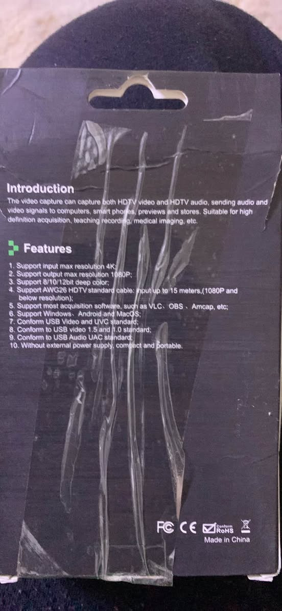 HDTV
Video Capture

Introduction
The video capture can capture both HDTV video and HDTV audio, sending audio and video signals to computers, smart phores, previews and stores. Suitable for high definition acquisition, teaching recording, medical imaging, etc.
Features
1. Support input max resolution 4K;
2. Support output max resolution 1080P;
3. Support 8/10/12bit deep color;
4. Support AWG26 HDTV standard cable: put up to 15 meters.(1080P and below resolution):
5. Support most acquisition software, such as VLC. OBS, Amcap, etc;
6. Support Windows, Android and MacOS;
7. Conform USB Video and UVC standard;
8. Conform to USB video 1.5 and 1.0 standard;
9. Conform to USB Audio UAC standard;
10. Without exteral power supply, compact and portable.
FO CE ERONS شمشمل, السليمانية


**إذا كنت صاحب هذا الإعلان وتريد حذفه لأي سبب، رجاءا أرسل رسالة إلى الدعم الفني**
