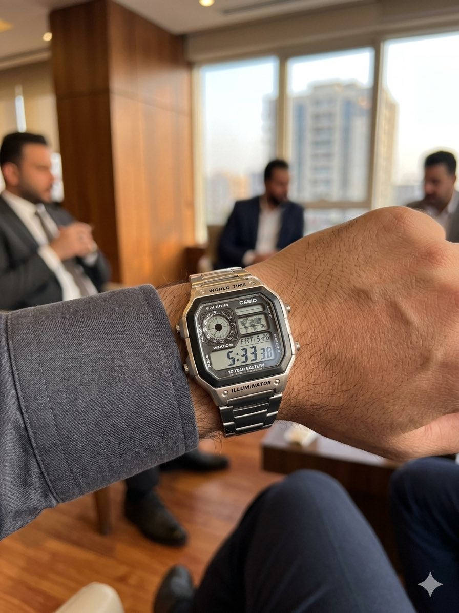 Casio World Time) بلونها الفضي (الاستيل) المميز، متوفرة الآن بكامل أناقتها مع علبتها الفخمة والتاغ الخاص بها 🎁.
 المميزات: شاشة رقمية متكاملة، توقيت عالمي مع خريطة، منبه، إضاءة ليلية، ومقاومة ممتازة للماء.


**إذا كنت صاحب هذا الإعلان وتريد حذفه لأي سبب، رجاءا أرسل رسالة إلى الدعم الفني**