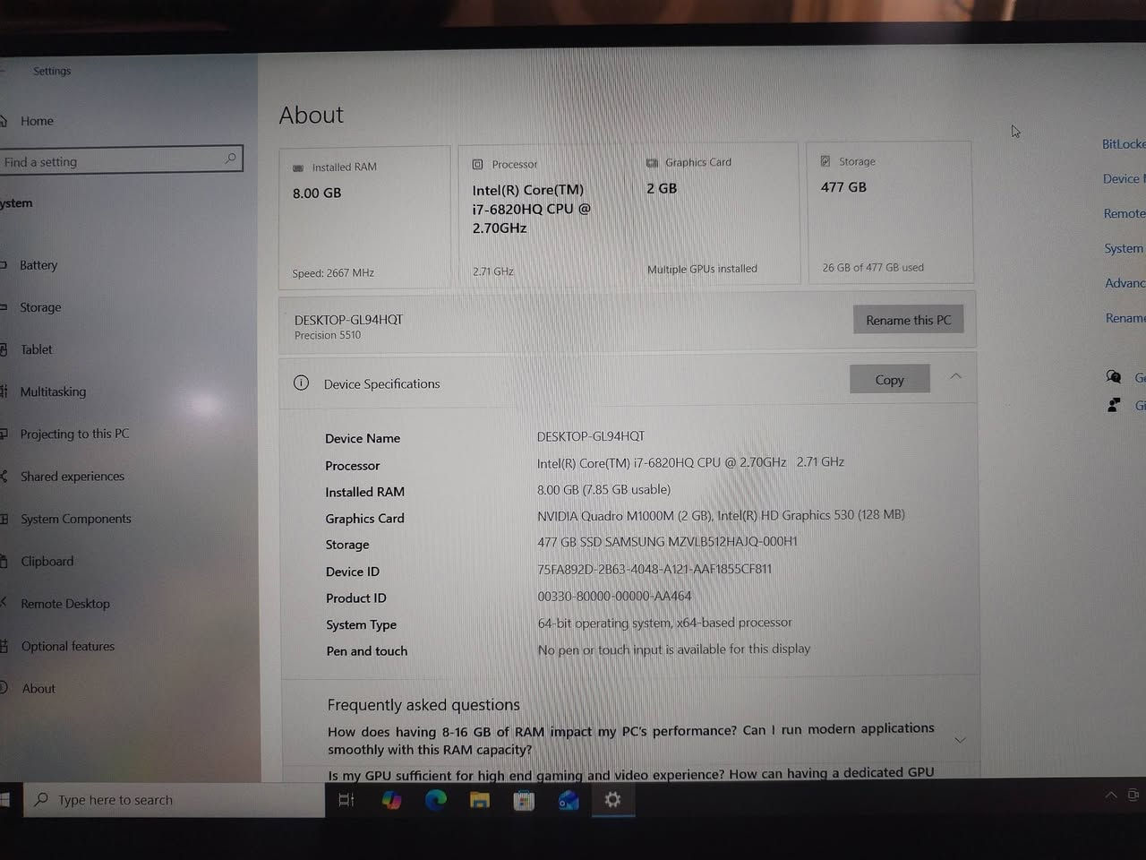 موديل الجهاز: Dell Precision 5510
المعالج (CPU):
​Intel(R) Core(TM) i7-6820HQ CPU @ 2.70GHz 2.71 GHz
​الذاكرة العشوائية (RAM):
​السعة: 8.00 GB (المتاح للاستخدام: 7.85 GB)
​السرعة: 2667 MHz
​كروت الشاشة (Graphics Cards):
​الكرت المنفصل: NVIDIA Quadro M1000M بذاكرة (2 GB)
​الكرت المدمج: Intel(R) HD Graphics 530 بذاكرة (128 MB)
​وحدة التخزين (Storage):
​المساحة الإجمالية: 500 GB
​نوع الهارد: SSD من نوع (SAMSUNG MZVLB512HAJQ-000H1)

حالت اللابتوب نظيفه جدا 95%
***********
السعر 400

