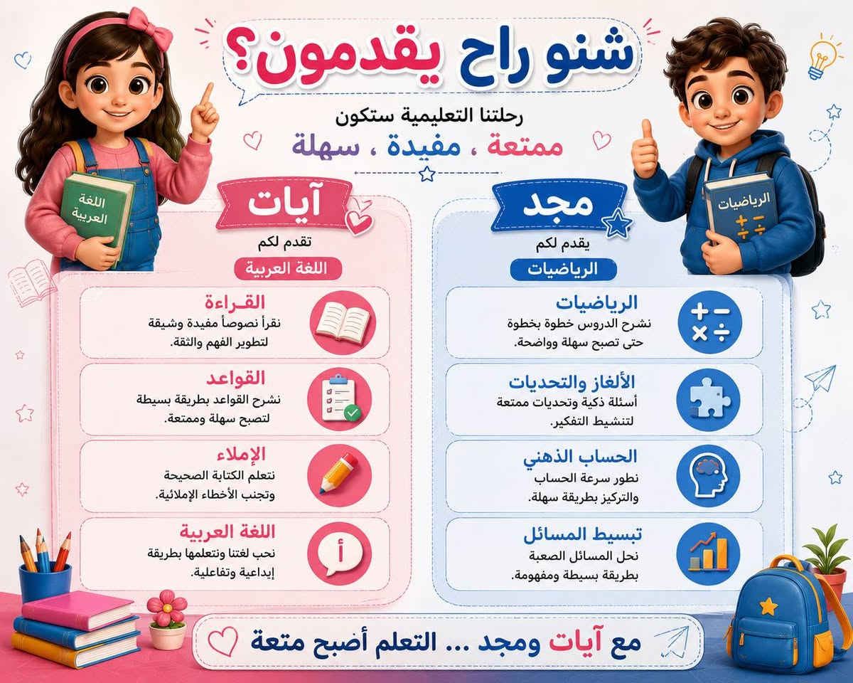 💬 شاركونا في التعليقات: برأيكم من يشبه طفلكم أكثر؟ آيات أم مجد؟ 
📍 العنوان: الزعفرانية – شارع الزوراء – قرب أسواق الباشا.
📞 للاستفسار والتسجيل: ***********
