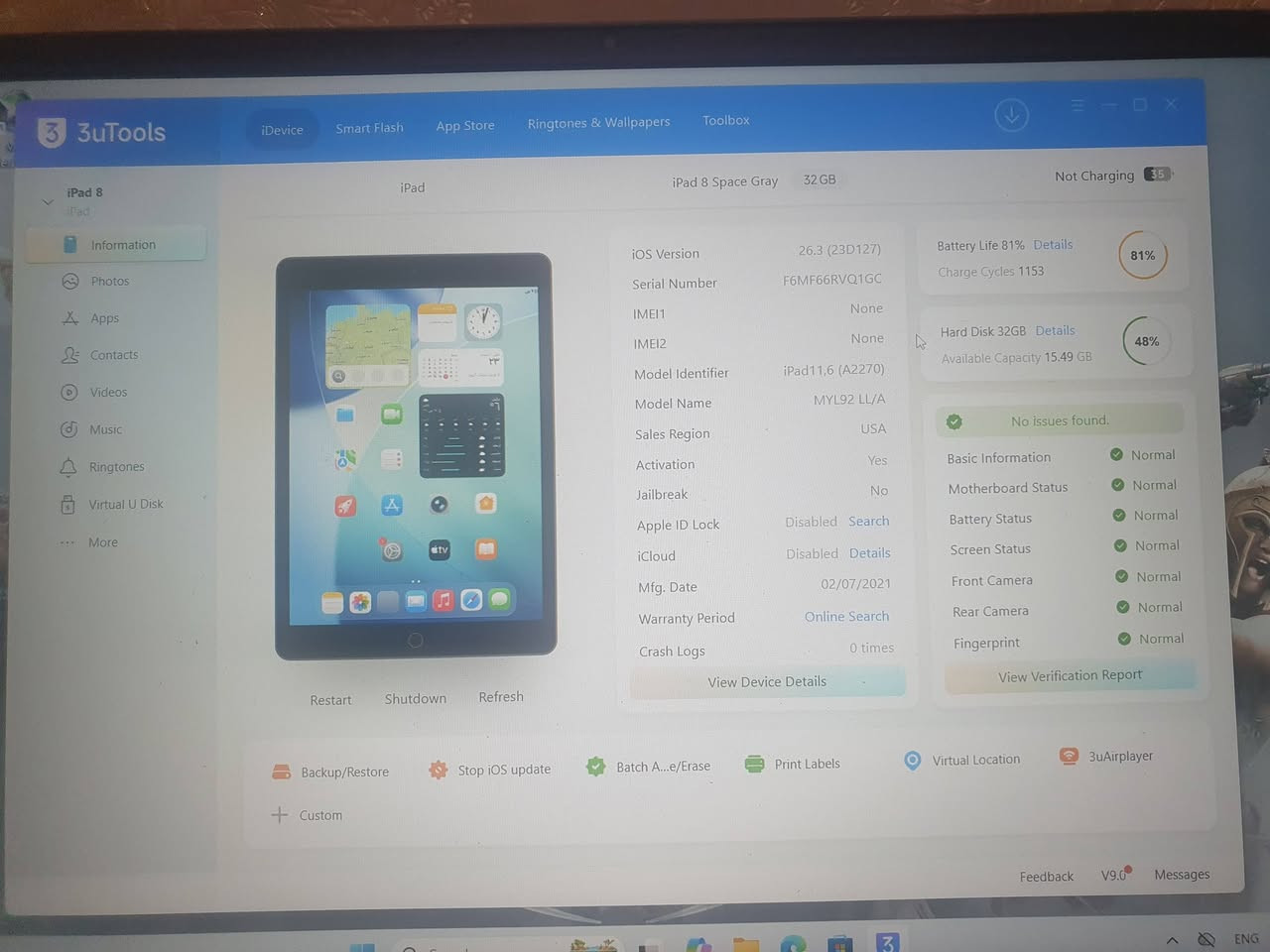 ايباد 8

الشاشة 10.2 بدقة 1620x2160 بكسل 
المعالج  A12 bionic 
الرام 3 غيغابايت 
سعة التخزين 32 غيغابايت 
نظام التشغيل ipad os 26.3 (احدث اصدار )
البطارية 81%
يدعم قلم و كيبورد ابل
60 فريم 
الجهاز نظيف  و ما مفتوح  و لا داخل  تصليح 
ملحقاته  العلبة 

السعر ١٥٠ الف

المكان بغداد ساحة عنتر 
لا يوجد خدمة توصيل 

***********
