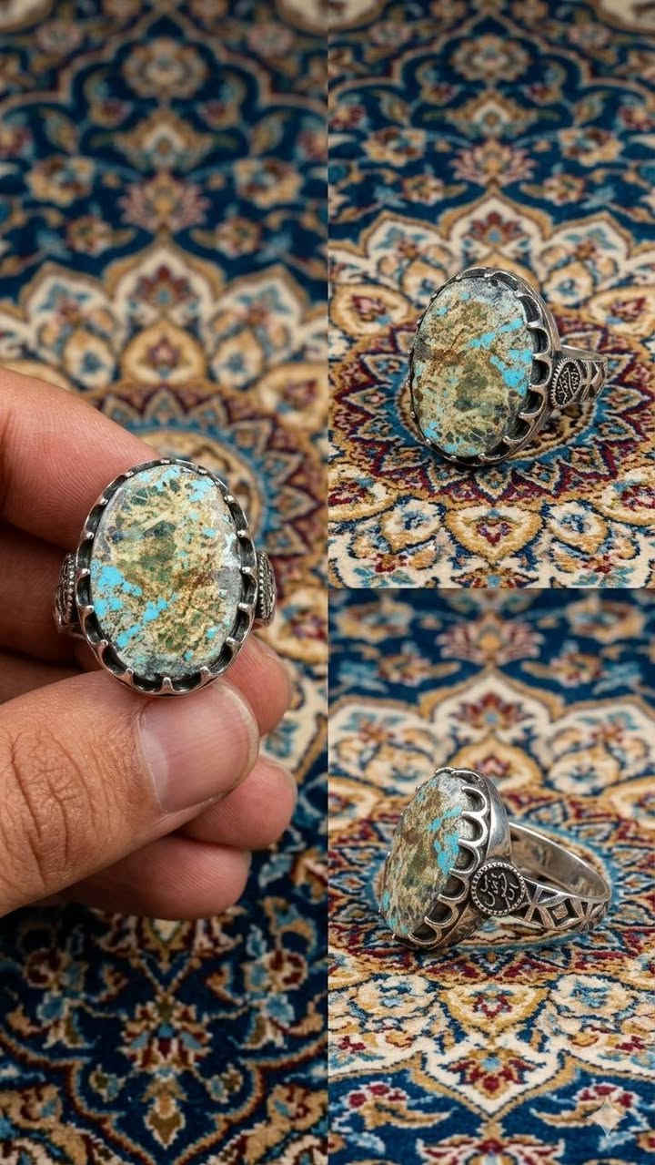 💎 خاتم فيروز نيشابوري فاخر 💎
الحجر: فيروز طبيعي بعروق ذهبية خرائطية فريدة.

​الصياغة: فضة يدوية ثقيلة ونقوش تراثية دقيقة.
حط سعر وبخدمتك 
اتصال واتساب ***********
