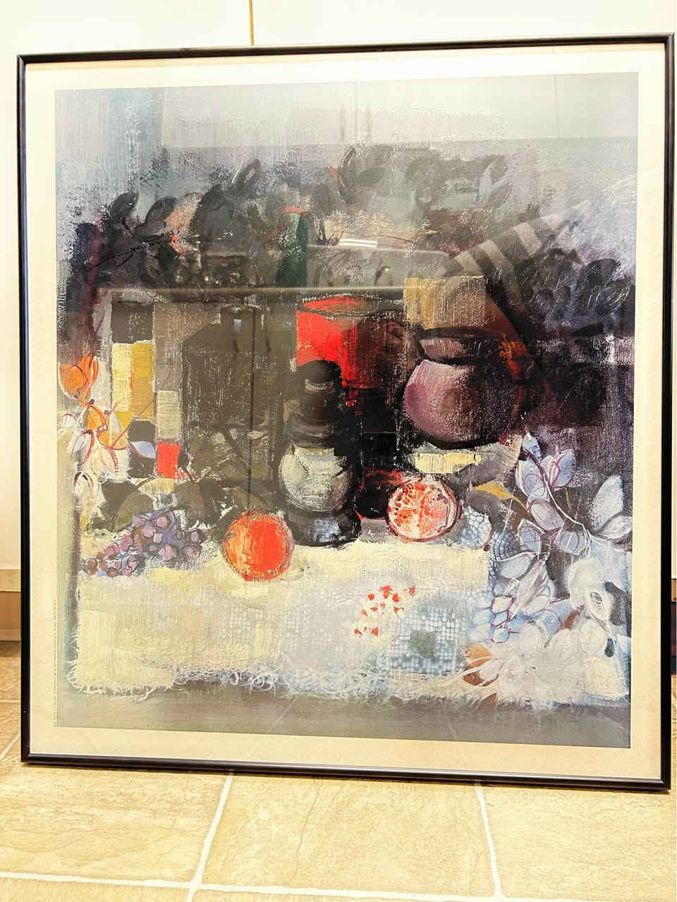 30”x19.5”x1.5”
Framed still life art print has a modern, abstract style with a vibrant color palette of red, purple, and blue. The piece is protected by glass and set in a black metal frame. It has a wire on the back for hanging.
Cash Burnaby, BC


**إذا كنت صاحب هذا الإعلان وتريد حذفه لأي سبب، رجاءا أرسل رسالة إلى الدعم الفني**