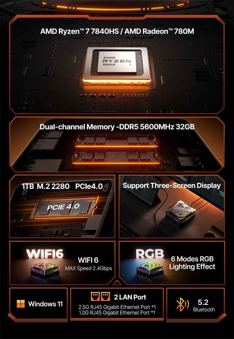 حاسوب مصغر ACEMAGIC AM18

​قدرات المعالجة والتخزين:
​المعالج المركزي: AMD Ryzen™ 7 7840HS (معمارية Zen 4، تردد يصل إلى 5.1GHz).

​الذاكرة العشوائية: 32GB DDR5 ثنائية القناة بسرعة 5600MHz (قابلة للترقية حتى 96GB).

​سعة التخزين: 1TB SSD M.2 PCIe 4.0 لسرعات قراءة وكتابة فائقة.

​الأداء الرسومي ومخرجات العرض:
​معالج الرسوميات: AMD Radeon™ 780M (معمارية RDNA 3، تردد 2.7GHz، أداء يقارب البطاقات المنفصلة).
​دعم الشاشات المتعددة: القدرة على تشغيل 3 شاشات متزامنة بدقة تصل إلى 4K بمعدل تحديث 144Hz، أو 8K بمعدل 60Hz عبر منافذ (HDMI 2.1، DP 2.0، USB4).

​الشبكات وسرعة الاتصال:
​نقل البيانات: منفذ USB4 فائق السرعة (40Gbps) يدعم إخراج الطاقة.

​الشبكة السلكية واللاسلكية: شبكة WiFi 6، بلوتوث 5.2، ومنافذ LAN مزدوجة (2.5G و 1.0G).

​معلومات إضافية:
​النظام: Windows 11 مثبت مسبقاً.
​التصميم: حجم مدمج (133.5 x 132 x 55 ملم) مع إضاءة RGB قابلة للتخصيص.
مخ مخ
​للتواصل (اتصال خاص وواتساب):
*********** النجف, العراق
