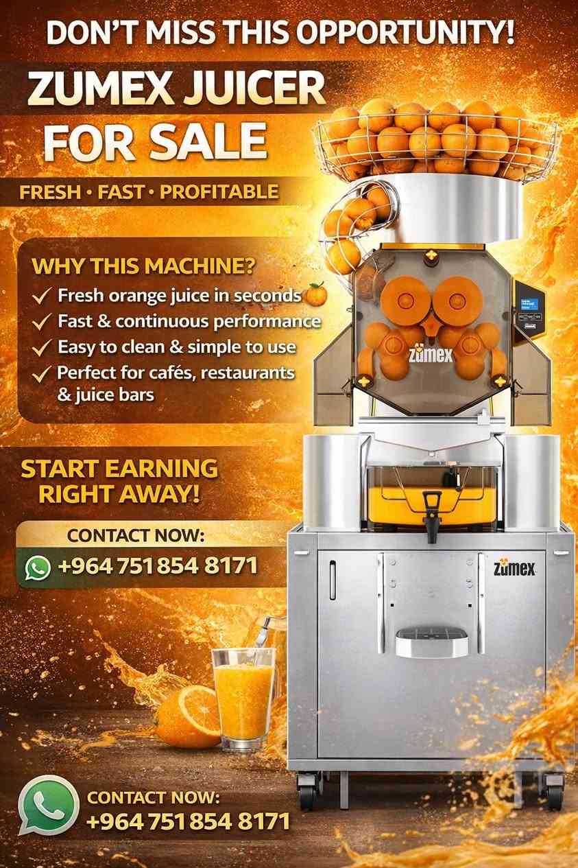 🔥 فرصة مميزة – للبيع ماكينة عصير برتقال ZUMEX 🔥

ماكينة احترافية بحالة ممتازة، فرصة لأصحاب الكافيهات والمطاعم!

🟠 الماركة: Zumex  
🟠 الحالة: نظيفة جداً وتعمل بكفاءة عالية  
🟠 الاستخدام: جاهزة للعمل مباشرة بدون أي مشاكل  

✅ تعصر بسرعة وبجودة عالية  
✅ عصير طازج 100%  
✅ سهلة التنظيف والاستخدام  

💰 السعر: قابل للتفاوض للجادين  
📍 الموقع: أربيل  

📞 للتواصل / واتساب: ***********  

⚡ السعر مناسب جداً + يوجد مجال بسيط للتفاوض  
⚡ البيع لأسرع مشتري

🚀 لا تفوّت الفرص
