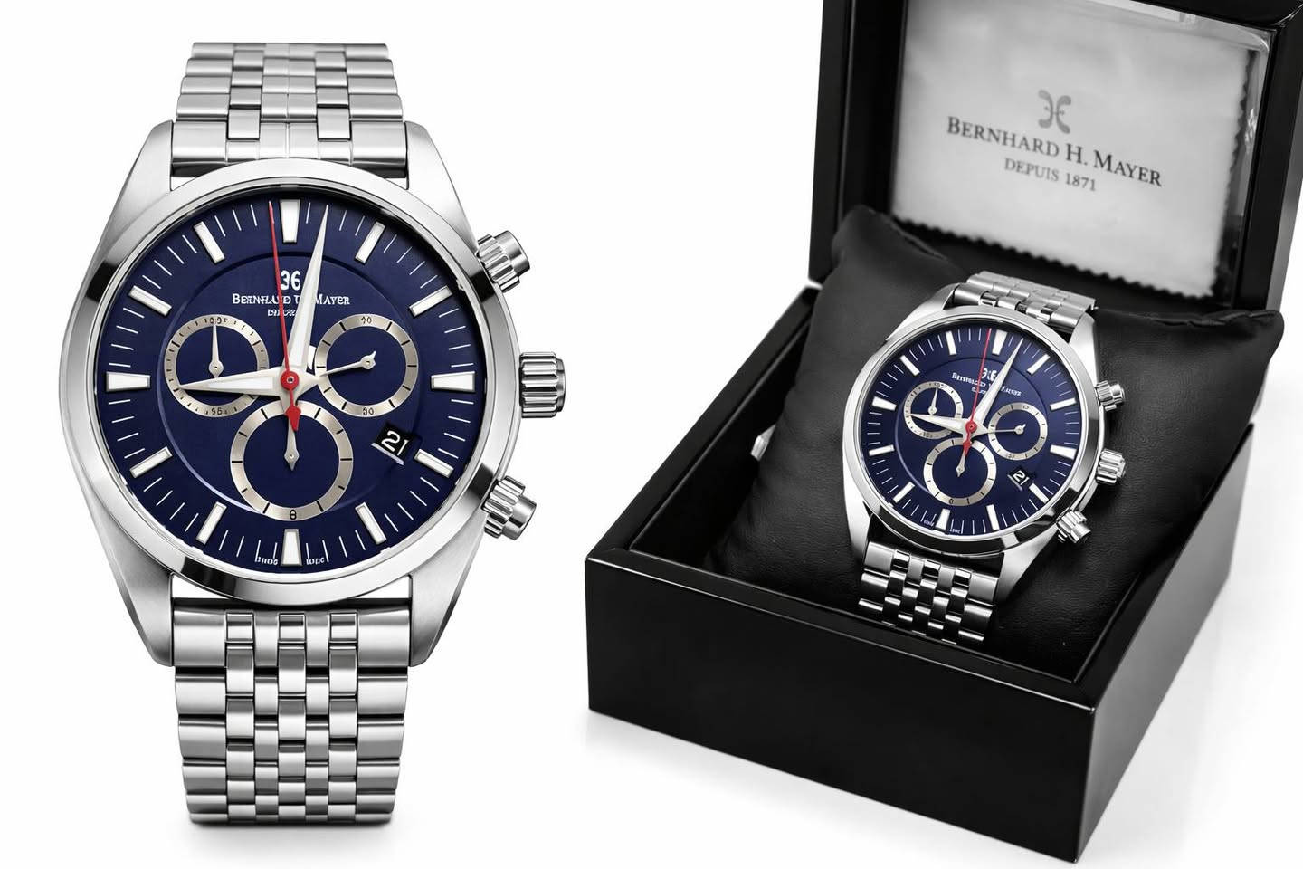 بناءً على الصورة، هذه الساعة هي من العلامة التجارية السويسرية Bernhard H. Mayer، وتحديداً موديل Ascent Chronograph (أو طراز مشابه جداً من مجموعة الكرونوغراف الكلاسيكية لديهم).
​إليك أهم مواصفاتها التقنية المعتادة لهذا الإصدار:
​المواصفات العامة:
• ​بلد المنشأ: سويسرية الصنع (Swiss Made).
• ​الهيكل (Case): مصنوع من الفولاذ المقاوم للصدأ (Stainless Steel 316L) المصقول والناعم.
• ​المينا (Dial): باللون الأزرق الداكن مع مؤشرات مضيئة (Luminescent) للساعة والدقائق.
• ​الزجاج (Crystal): زجاج ياقوت (Sapphire Crystal) مقاوم للخدش مع طبقة مضادة للانعكاس.
• ​السوار (Bracelet): سوار من المعدن (Stainless Steel) بتصميم خماسي الحلقات (أشبه بتصميم Jubilee) مع مشبك قابل للطي.
​الوظائف (Functions):
• ​نظام الحركة (Movement): كوارتز سويسري (Swiss Quartz)، وغالباً ما تستخدم هذه العلامة ماكينات Ronda.
• ​الكرونوغراف (Chronograph): تحتوي على ثلاث عدادات فرعية لقياس الثواني، الدقائق، والساعات (أو أجزاء من الثانية حسب الموديل الدقيق).
• ​التاريخ (Date): نافذة لعرض التاريخ تقع عادةً عند الساعة الرابعة أو السادسة (في صورتك تظهر عند الساعة الرابعة تقريباً).
• ​مقاومة الماء: غالباً ما تكون مقاومة للماء حتى عمق 50 أو 100 متر (5 - 10 ATM)، مما يجعلها مناسبة للاستخدام اليومي والسباحة السطحية.
​ملاحظات إضافية:.
• ​يتميز هذا الموديل بالعقرب الأحمر النحيف للثواني (الخاص بالكرونوغراف) الذي يعطي لمسة رياضية للمينا الأزرق.
​السعر ٨٥٠ الف وبيها مجال بسيط


**إذا كنت صاحب هذا الإعلان وتريد حذفه لأي سبب، رجاءا أرسل رسالة إلى الدعم الفني**