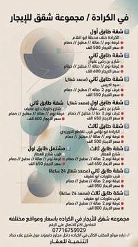 في الكرادة مجموعة شقق للأيجار  ——————————————————— 1️⃣شقة طابق اول  ⚪️...