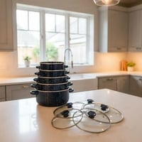 طقم قدور مينا • ٥ قطع • أغطية زجاجية