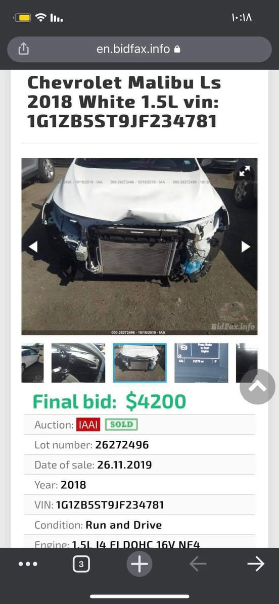 السلام عليكم 
ماليبو 18.رقم بابل بأسمي
ماشيه 100 ميل المكينه مبدل كازكيت 
حادث امريكا البنيد مصبوغ وبارد بالجاملغ 
وعندي ضربتين بالدوسه
السعر 95 وبيهة مجال .

***********
