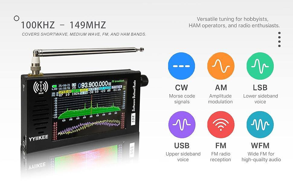جهاز استقبال راديو SDR DSP محمول - شاشة لمس 4.3 بوصة، نطاق تردد 100 كيلوهرتز - 149 ميجاهرتز، موجات قصيرة كاملة، FM، MW، SSB، CW، HAM، طيف تردد 192 كيلوهرتز، شاشة عرض متدرجة، هيكل من سبائك الألومنيوم CNC، بطارية قابلة للشحن
العلامة التجارية: yyiikee

ماركة ييكي
لون أسود
ميزة خاصة محمول، قابل لإعادة الشحن
تقنية الاتصال USB
أبعاد المنتج 5.5 بوصة طول × 1 بوصة عرض × 2.9 بوصة ارتفاع
تقنية الموالف FM/AM
أسلوب حديث
مصدر الطاقة يعمل بالبطارية
نطاقات الراديو المدعومة 4 نطاقات
المكونات المضمنة هوائي، كابل USB، ورقة دليل المستخدم
حول هذا المنتج
جهاز استقبال متطور بتقنية DSP SDR – يتميز جهاز استقبال الراديو المعرف بالبرمجيات (SDR) بتقنية DSP لإزالة التضمين الرقمي، ويدعم أنماط CW وAM وSSB (LSB/USB) وWFM وFM ستيريو (مع سماعات رأس). بفضل عرض الطيف في الوقت الحقيقي بتردد 192 كيلوهرتز وشاشة عرض الشلال، يوفر أداءً استثنائيًا لهواة الراديو.
شاشة لمس عالية الدقة 4.3 بوصة - توفر شاشة اللمس IPS LCD بدقة 800×480 عرضًا ساطعًا وواضحًا لسهولة التشغيل. كما أن التحكم باللمس المقاوم بالإضافة إلى مفتاح التشفير الدوار يجعل عملية الضبط والتعديل سهلة للغاية.
استقبال فائق ونطاق تردد واسع - يغطي نطاق تردد من 100 كيلوهرتز إلى 149 ميجاهرتز بحساسية ممتازة، بفضل شريحة معالجة الإشارات الرقمية القوية وهوائي قابل للسحب عالي الكسب. استمتع باستقبال إشارة قوي وأقل قدر من التشويش.
تصميم متين وسهل الحمل - يتميز هذا الراديو المحمول بهيكل مصنوع بالكامل من سبائك الألومنيوم بتقنية CNC، مما يجعله متينًا وسهل الحمل. يبلغ حجمه 140 × 74 × 22 مم فقط ويزن 315 غرامًا، مما يجعله سهل الحمل للاستخدام في الهواء الطلق.

معلومات المنتج
أبعاد المنتج 5.5 × 1 × 2.9 بوصة
وزن المنتج 14.1 أونصة
ASIN B0DZ6799PM
رقم طراز المنتج yyiikee-IWofii Elec
البطاريات يلزم بطارية واحدة من نوع C. (مرفقة)


**إذا كنت صاحب هذا الإعلان وتريد حذفه لأي سبب، رجاءا أرسل رسالة إلى الدعم الفني**