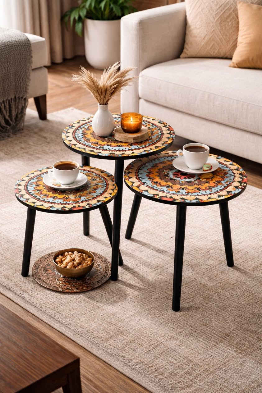 طقم طاولات تقديم عصري مكون من ثلاث قطع بارتفاعات متدرجة، يجمع بين التصميم العملي واللمسة الفنية التي تضفي حيوية على ديكور منزلك.

• سطح مزين بنقوش "ماندالا" هندسية بألوان متناسقة وجذابة.

• أرجل خشبية صلبة باللون الأسود توفر ثباتاً ممتازاً.

• تصميم خفيف الوزن يسهل نقله وتحريكه داخل غرفة المعيشة.
تفاصيل الحجم:
1 × طاولة حجم كبير، الابعاد: 40*57 سم.
1 × طاولة حجم متوسط، الابعاد: 40*47 سم.
1 × طاولة حجم صغير، الابعاد: 40*37 سم
السعر 30 الف


**إذا كنت صاحب هذا الإعلان وتريد حذفه لأي سبب، رجاءا أرسل رسالة إلى الدعم الفني**