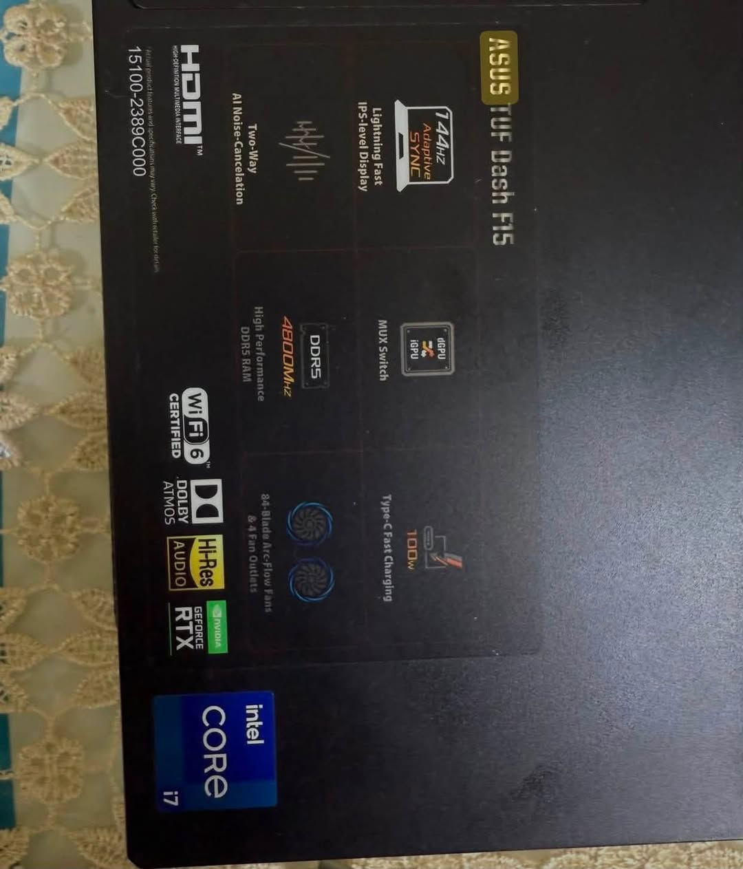 asus tuf لابتوب
CPU intel Core i7 12th Gen
GPU RTX 3070 8GB
Ram 16 DDR5
Wifi 6

الملحقات شاحنتها الاصلية والكارتونه مالتها
مع ماوس لوجتك G PRO كامل ملحقات مع ماوس باد
مع جوستك احترافي ،سعر اللابتوب بدون الماوس والجوستك 
مليون و100 قفل مع الماوس والجوستك مليون و225 اذا تلگه هيج مواصفات بهيج سعر اني اخسرلك ،مكاني البلديات وعندي توصيل *********** واتساب موجود
اللابتوب صارت بيها طخة جداً بسيطه وتافهة اليوم بالكفر مالته موضحة بالصوره
