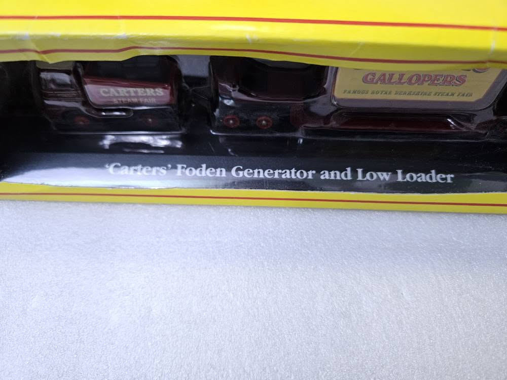 مصغر شاحنة شركة أطلس Atlas Editions "Carters Foden Generator & Low Loader" مصبوبة ومحفوظة في علبتها.
تتميز اللعبة بتفاصيل دقيقة وتأتي بمقياس 1:76.
تشمل المجموعة مقطورة منخفضة محملة بمولد، وتحمل شعار Gallopers
السعر ٢٥


**إذا كنت صاحب هذا الإعلان وتريد حذفه لأي سبب، رجاءا أرسل رسالة إلى الدعم الفني**