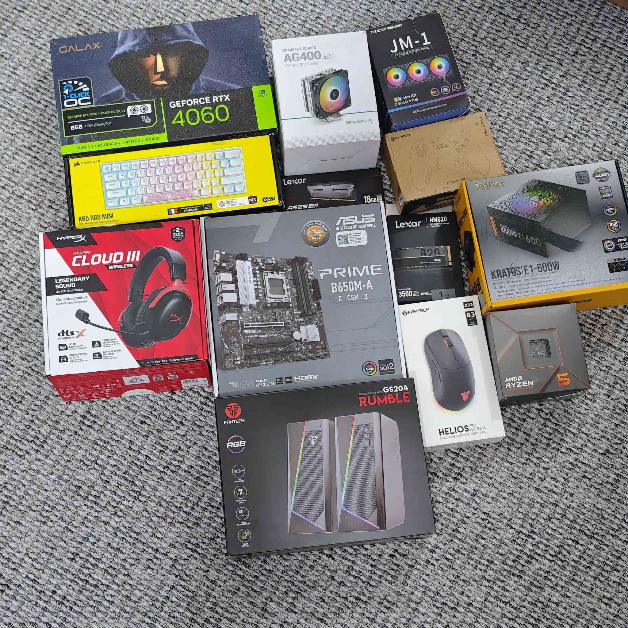 سلام عليكم 
Case: gamdias aura 
Ps: gamdias kratos e1 600w
Cpu:r5 7600
Gpu:4060 galax 8gb
Ssd:lexar nm620 1tb
Ram:lexar ares 16gb 4800mhz 
Cooler: ag400
Motherboard:asus prime b650m-a
Monitor: acer 24 inch 165hz
Ups: offline 1800 بطاريات فاربر
الكيس مع شاشة و ups وملحقات هدية(هديسيت كلاود 3 وايرلس كيبورد كورسير k65 mini وماوس وسبيكرات)  بمليونين قفل شرط تفحص وتاخذ وتتونس وانت مرتاح 
خاص او واتس اب ***********
