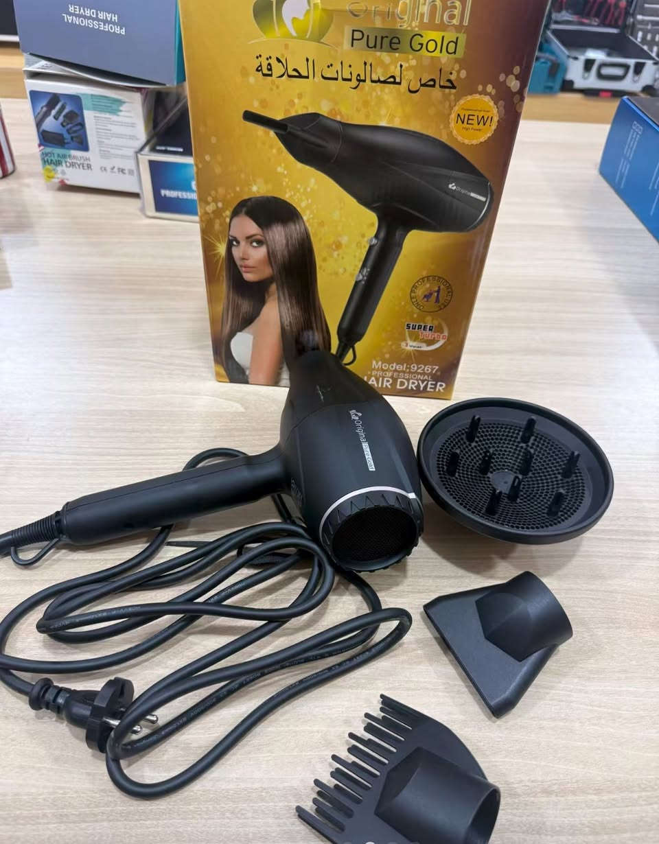 � إعلان مجفف شعر Original Pure Gold 🔥

جملة -مفرد

✨ خاص لصالونات الحلاقة والاستخدام المنزلي
مجفف شعر احترافي قوي – عملي – يتحمل الشغل

💨 المواصفات:

 • 🔹 قوة عالية (Super Turbo)
 • 🔹 هواء حار + بارد (زر التبريد ❄️)
 • 🔹 سرعتين + درجتين حرارة
 • 🔹 تصميم مريح وخفيف
 • 🔹 مع ملحقات كاملة:�
 ◦ فوهة تركيز
 ◦ ديفيوزر (ناشر هواء)
 ◦ مشط تجفيف
 • 
💎 الموديل:
Model: 9267 – Professional Hair Dryer
للاستفسار 

‭٠٧٧٠ ٥٨٥ ٥٩٤١‬
***********

