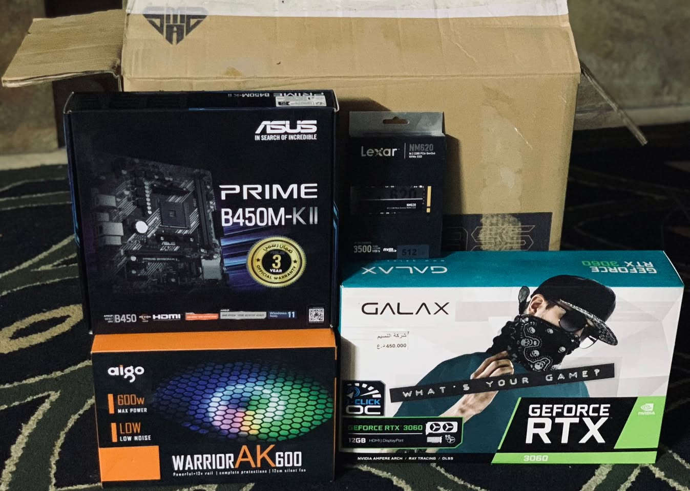 الكارت Geforce RTX 3060 12g dual fan

المعالج Amd Ryzen 5 5500 Processor

الرام RGB DDR4 RAM (16G-3200 MHz)

الهارد SSD M.2 512G Laxer

البورد Asus B450M prime

الباور 600W Rgb Aigo

الملحقات:

شاشه بلازما حجم 32

ماوس + كيبورد هديه

واتساب ***********

اتصال ***********

المكان بغداد - الدولعي

سعرها مليون كامله
