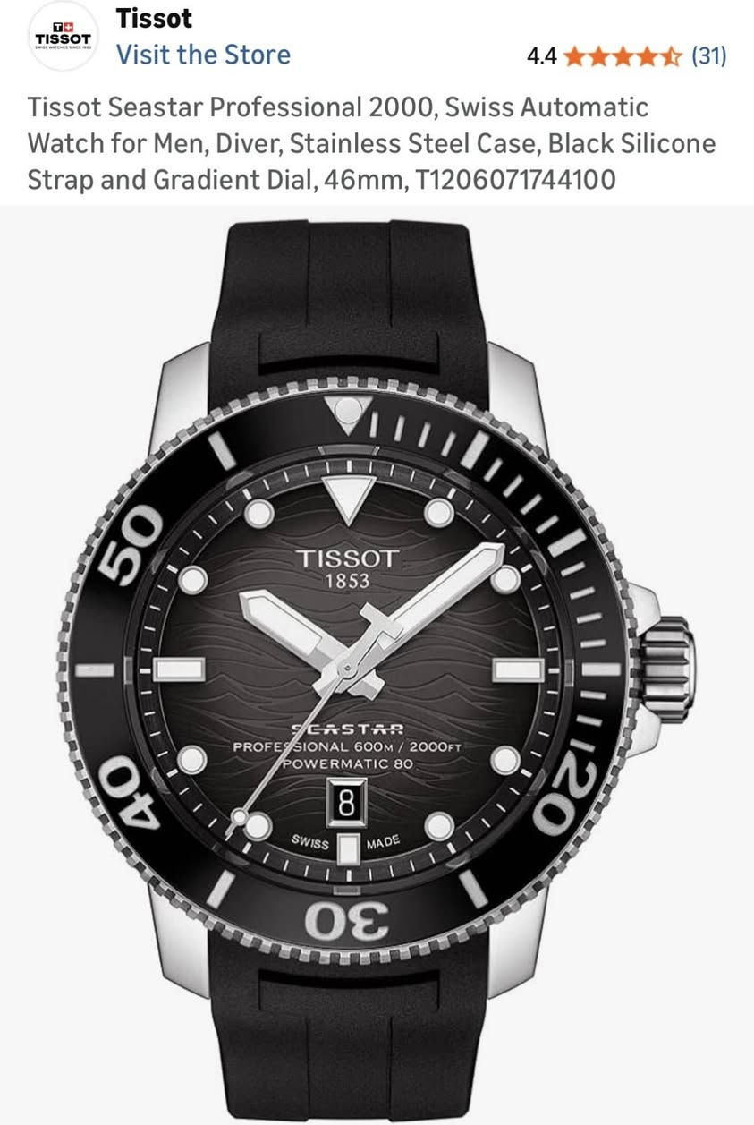 ساعه tissot للبيع
الاسم : Tissot Seastar Professional 2000
اللون : اسود 
ابعاد الساعه : حجم الساعه 46mm ,عرض السير 22mm , سمك الساعه 16,25 mm ، طول السير 194mm 
الليه التشغيل : اوتوماتك 
نوع السير : مطاط 
مقاومه للماء حتى عمق 600m متر 
مقاومه للضغط تصل ل 60 bar
الساعه كامله الملحقات بدون نقص 
الساعه جديده فقط مفتوحه من الكارتون و بدون ملسقات و تغليف
السعر : 850 الف مع مجال بسيط للعمله 
تفاصيل اكثر موضحه كامله بالصور 
للتواصل او الاتصال على الواتس اب 
***********
و شكراً
