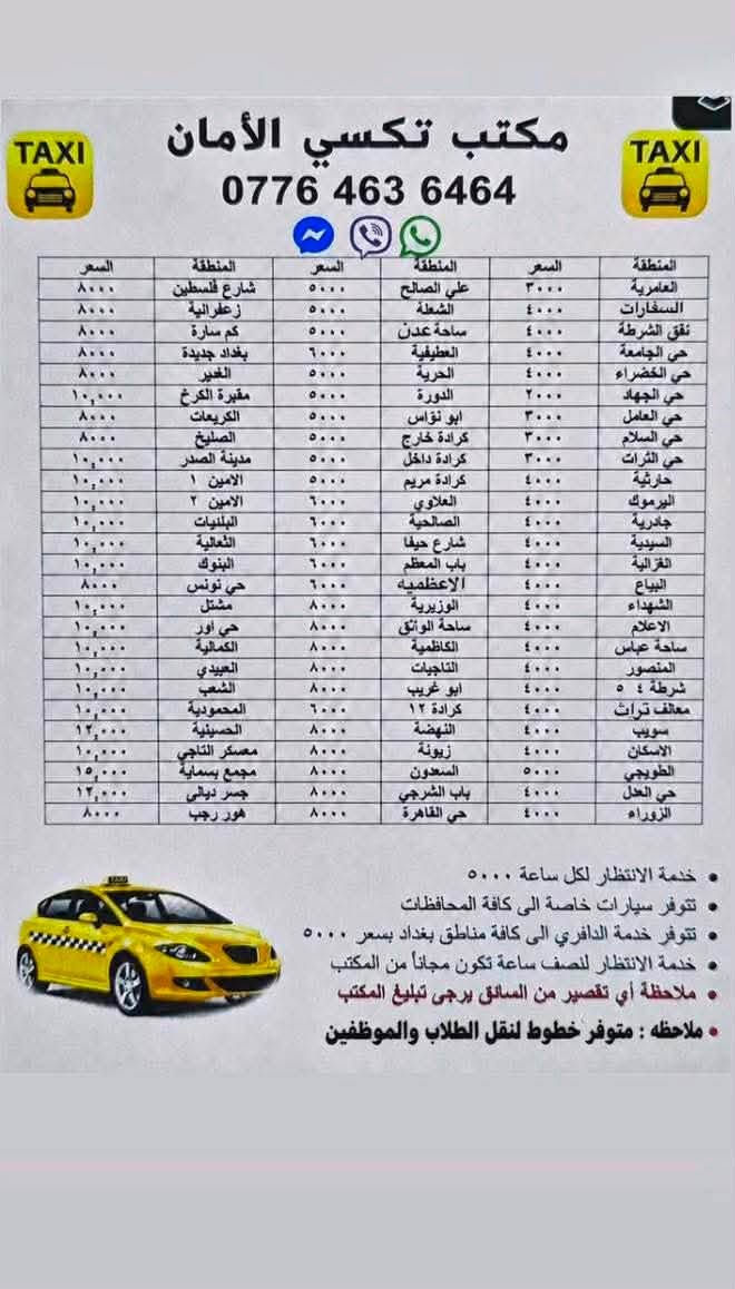 اعلان مجاني هذا المكتب ثقة ومضمون تواصلو وياهم تعاملهم مرتب جدا
🚖 تم افتتاح مكتب تكسي الأمان 🚖

بعدكم تدورون على مشوار آمن ومريح؟
مكتب تكسي الأمان بخدمتكم، توصيل داخل بغداد وإلى جميع المحافظات.

✅ مكتب مجاز رسميًا.
✅ إذا نسيت أي غرض بالسيارة، نضمن متابعته وإرجاعه إلك.
✅ سيارات حديثة، مكيفة ونظيفة.
✅ إنترنت مجاني داخل السيارات.
✅ خدمة مريحة وسريعة، وسائقين محترمين.

لراحتكم وأمانكم… تكسي الأمان دائمًا بخدمتكم

للتواصل ***********
