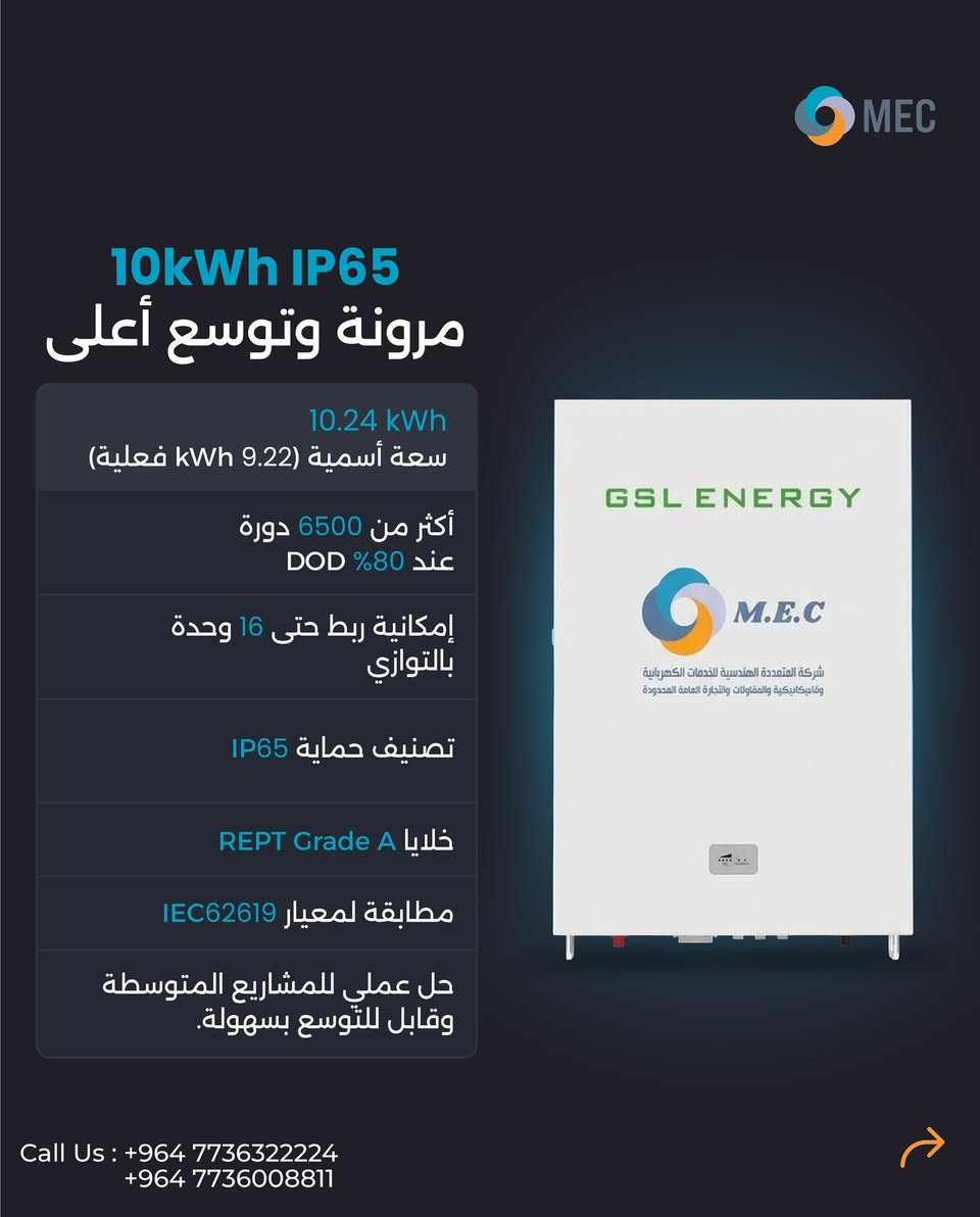 اختيار سعة البطارية يعتمد على حجم الحمل الفعلي للموقع

سعات 10 و 16 kWh
تشغيل مستقر
+6500 دورة
وقابلية توسع حسب حاجة المشروع.

السعة الأعلى = زمن تشغيل أطول
وأداء أكثر استقراراً.

المتعددة الهندسية
شريك قرار… مو مجرد تجهيز ☀

للتواصل على الارقام

+964 7736322224
+964 7736008811


**إذا كنت صاحب هذا الإعلان وتريد حذفه لأي سبب، رجاءا أرسل رسالة إلى الدعم الفني**
