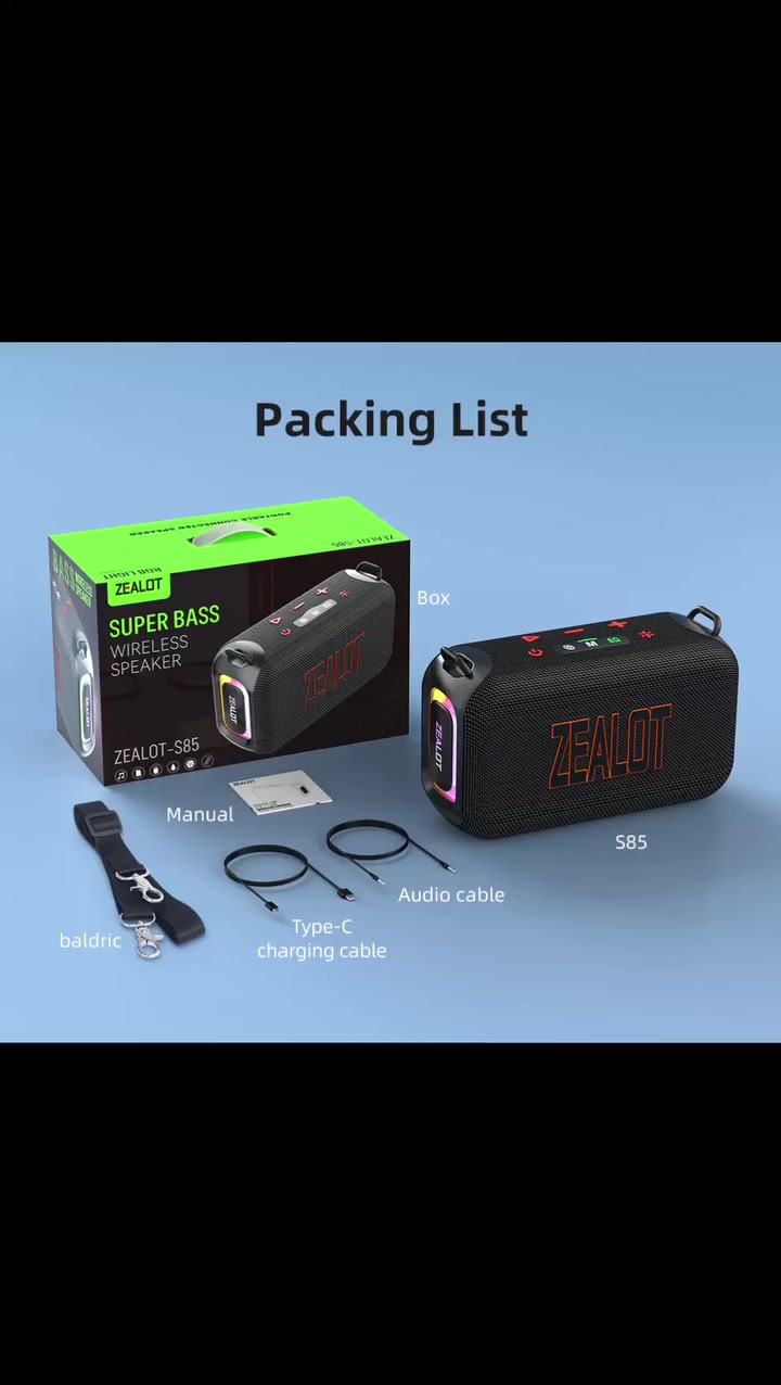 هذا المنتج عبارة عن مكبر صوت محمول يعمل بتقنية البلوتوث من نوع Zealot S85، ويتميز بالمواصفات الرئيسية التالية:
قوة الصوت: يوفر قدرة إخراج تصل إلى 50 وات مع صوت عالي الجودة (HiFi) وتجربة صوت محيطي.
البطارية: يحتوي على بطارية بسعة 8000 مللي أمبير توفر عمر تشغيل طويلاً.
التصميم والإضاءة: يتميز بتصميم متين مع إضاءة RGB ملونة تتفاعل مع إيقاع الموسيقى.
المميزات الإضافية: حاصل على تصنيف IPX6 لمقاومة الماء، ويدعم الاقتران المزدوج لزيادة قوة الصوت، بالإضافة إلى خيارات تشغيل متنوعة عبر البلوتوث، وUSB، وAUX، وبطاقات الذاكرة TF.
الاستخدام: مصمم ليكون محمولاً ومناسباً للاستخدامات الخارجية والداخلية بفضل مقبض الحمل وسهولة النقل
***********
