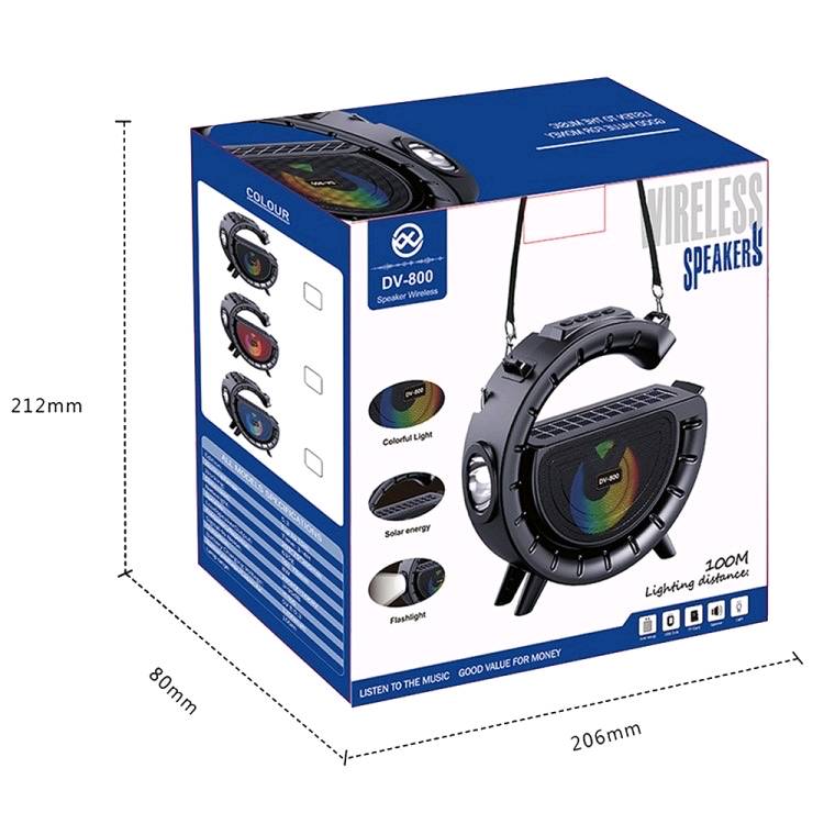 مديل DV - 800

- يتم شحنه عن طريق الكهرباء والطاقة الشمسية 

- يمتلك لوحة شحن شمسية لضمان امداده بالطاقة دون انقطاع

- يتميز بمصباح يدوي LED قوي ذات مدى 100 متر

- خاصية الراديو FM

- يأتي مع حزام 

- ستاند حامل للهاتف 

- اضاءة ملونة من الداخل 

- يدعم  USB و TF-card

- قياسات السبيكر :  203 * 75 * 205 mm

- مسافة الاتصال: 10 متر