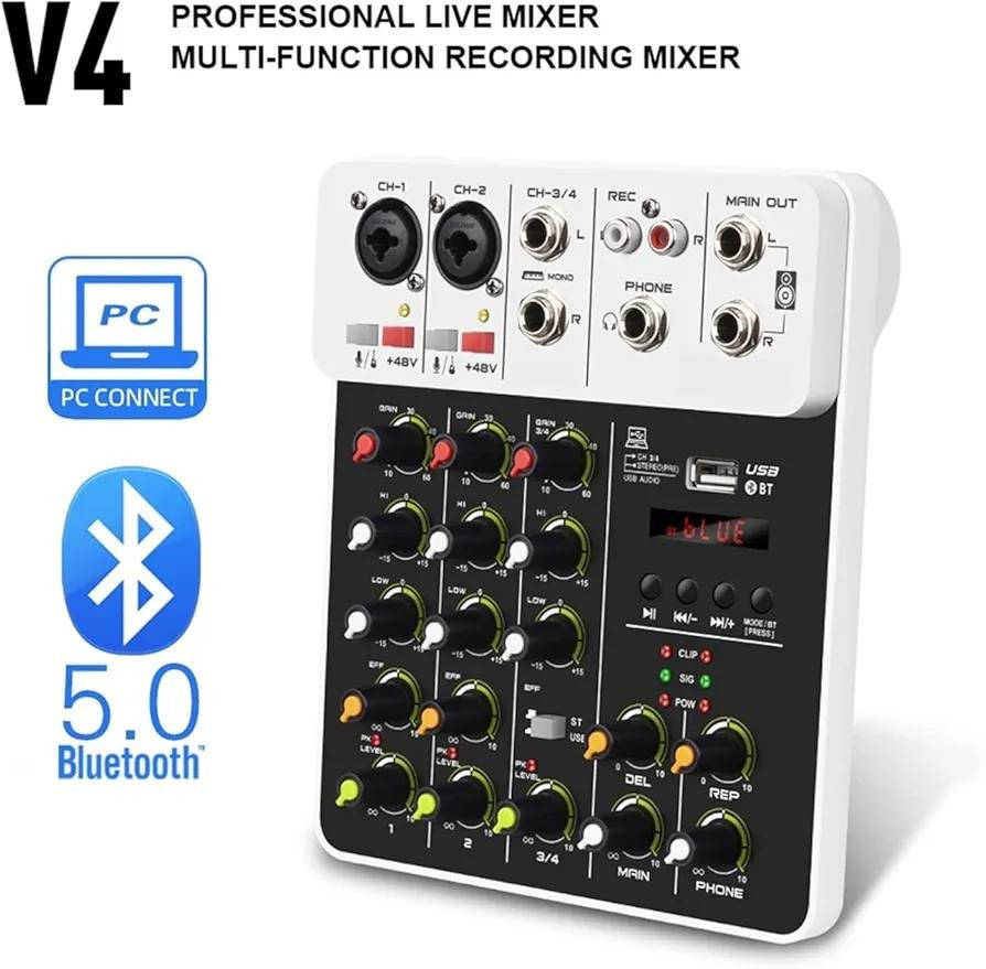 جهاز خلط صوت (Audio Mixer) من طراز V4، وهو مصمم لتسجيل الصوت والبث المباشر.
يحتوي على 4 قنوات لتوصيل الميكروفونات أو الآلات الموسيقية.

يدعم طاقة فانتوم 48 فولت للميكروفونات الاحترافية.

يتميز باتصال بلوتوث 5.0 ومخرج USB لتسجيل الصوت مباشرة على الكمبيوتر.

يتضمن واجهة صوتية (Audio Interface) لتسجيل عالي الدقة (HD-REC).


**إذا كنت صاحب هذا الإعلان وتريد حذفه لأي سبب، رجاءا أرسل رسالة إلى الدعم الفني**