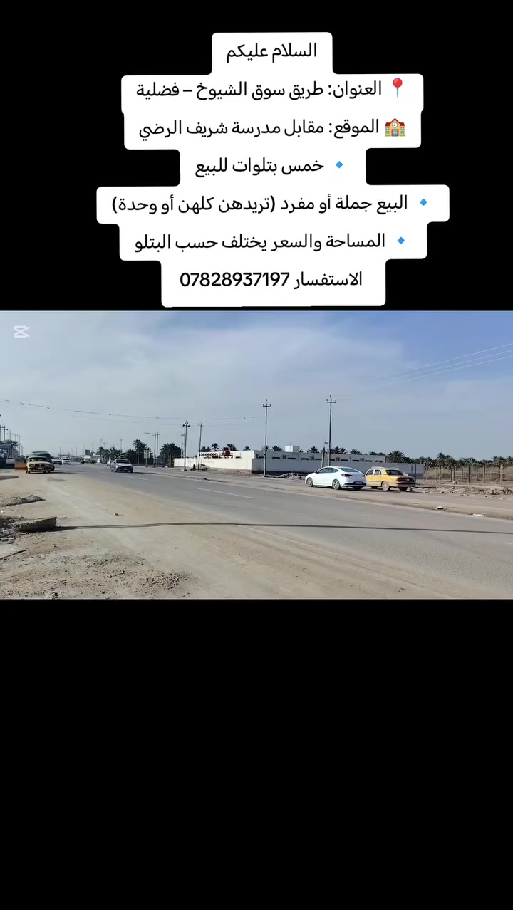 السلام عليكم
📍 العنوان: طريق سوق الشيوخ – فضلية

🏫 الموقع: مقابل مدرسة شريف الرضي

🔹 خمس بتلوات للبيع

🔹 البيع جملة أو مفرد (تريدهن كلهن أو وحدة)

🔹 المساحة والسعر يختلف حسب البتلو

الاستفسار ***********
