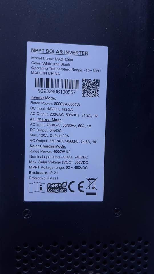 موجود انفرتير فولترونك (Voltronic)

🔹 الموديل: MAX-8000
🔹 القدرة: 8000 واط / 8000 فولت أمبير
🔹 نظام البطاريات: 48 فولت
🔹 خرج AC:
 • 230 فولت
 • 34.8 أمبير
 • أحادي الطور (1 فاز)

🔹 الشحن الشمسي (MPPT):
 • عدد MPPT: 2
 • قدرة الألواح: 4000 واط × 2 (المجموع 8000 واط)
 • مدى MPPT: من 90 إلى 450 فولت
 • أعلى فولتية ألواح (VOC): 500 فولت

🔹 الشحن من الكهرباء (AC Charger):
 • أقصى تيار شحن: 120 أمبير
 • الافتراضي: 30 أمبير
 السعر 800 الف للاستفسار ***********  واتساب ايضا موجود مكانه بغداد ومستعمل فقط6  اشهر
