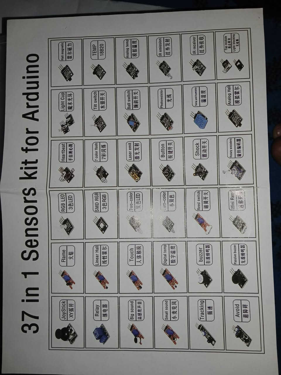 السلام عليكم
1️⃣ كت اردوينو يحتوي على 
🔹️ اردوينو اونو مع قطعة توصيل 
🔹️ اسلاك توصيل 
🔹 stepper motor مع لوحة التشغيل الخاصة به
🔹 LEDs بألوان مختلفة
🔹 remote control 
🔹 joystick module عصا التحكم
🔹 9v rechargeable battery 
🔹 bread board
🔹مقاومات مختلفة 
🔹محول فولطية
مع قطع اخرى

2️⃣ كت سنسرات ( 37 حساس ):
: عصا تحكم (XY摇杆)
Flame: مستشعر لهب
RGB LED: إضاءة LED ثلاثية الألوان (3色LED)
Linear Hall: مستشعر هول خطي 
SMD RGB: مستشعر ألوان RGB سطحي 
7 color flash: مستشعر فلاش 7 ألوان 
Heartbeat: مستشعر نبضات القلب
Light Cup: مستشعر كأس الضوء
Hall magnetic: مستشعر هول مغناطيسي (霍尔磁力)
Relay: مرحل 
TEMP 18B20: مستشعر درجة حرارة (18B20)
Tilt switch: مفتاح إمالة 
Big sound: مستشعر صوت عالي الحساسية 
Touch: مستشعر لمس 
Two-color: مستشعر ثنائي اللون 
Laser emit: باعث ليزر 
Ball switch: مفتاح كرة 
Analog temp: مستشعر حرارة تماثلي 
Small sound: مستشعر صوت صغير 
Digital temp: مستشعر حرارة رقمي 
Button: مفتاح زر
Photoresistor: مقاومة ضوئية 
IR emission: باعث أشعة تحت حمراء 
Tracking: مستشعر تتبع خط
IR receiver: مستقبل أشعة تحت حمراء
Buzzer: طنان 
Reed switch: مفتاح مغناطيسي 
Shock: مستشعر اهتزاز
Temp and humidity: مستشعر حرارة ورطوبة 
Tap module: وحدة نقر (Light blocking)
Avoid: مستشعر تجنب عوائق 
Rotary encoders: مشفرات دوارة 
Analog Hall: مستشعر هول تماثلي 
Mini Reed: مفتاح مغناطيسي صغير 

السعر : 80 الف 
مكاني : بغداد منطقة الحبيبية شارع السجة قرب مدرسة تغلب الابتدائية


**إذا كنت صاحب هذا الإعلان وتريد حذفه لأي سبب، رجاءا أرسل رسالة إلى الدعم الفني**