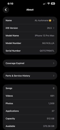 ايفون ١٣ برو ماكس امريكي 5g ذاكره ٥١٢ نضيف بطاريه ٧٧ بلاد مامبدل بي اي...